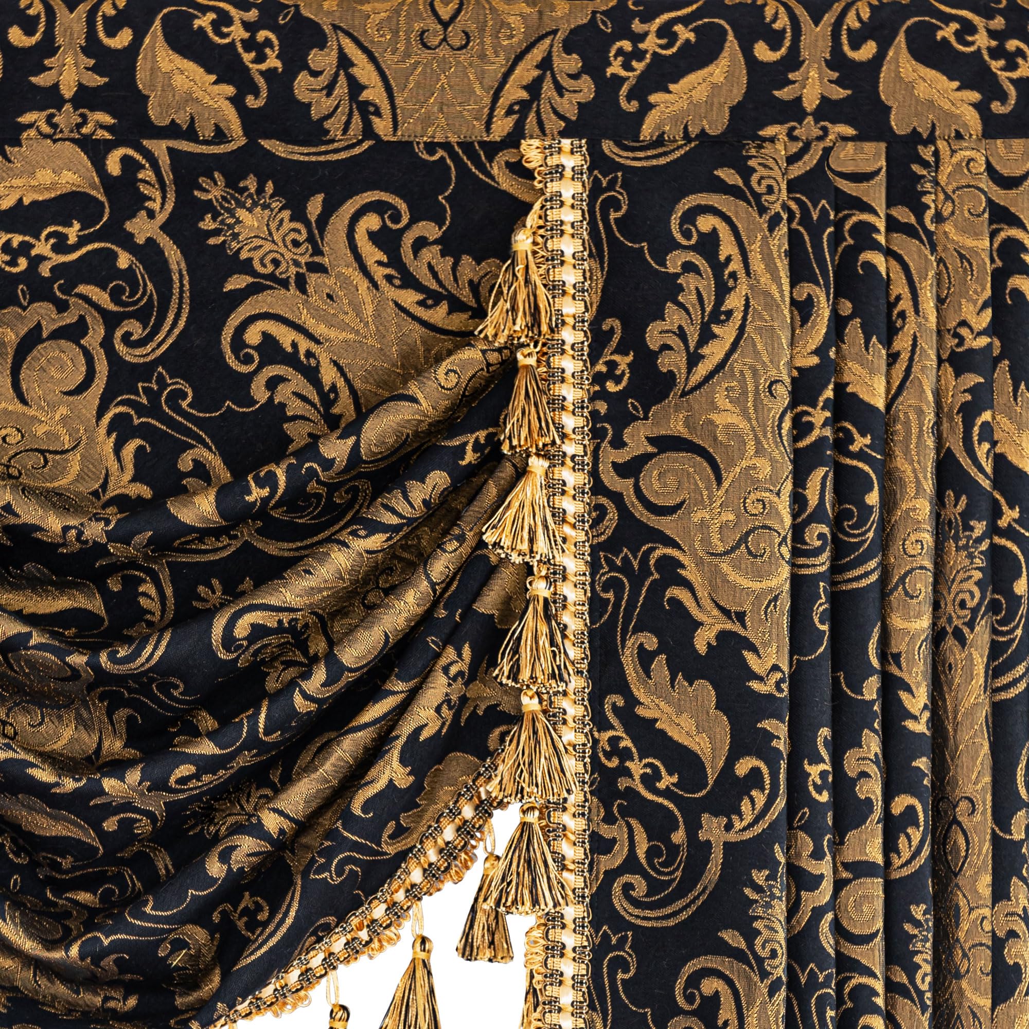Cantonnière pour fenêtres, motif cascade damassée avec pompons, rideau court pour chambre à coucher, salon, cuisine, traitement de fenêtre avec passe-tringle (largeur 100 cm, noir)