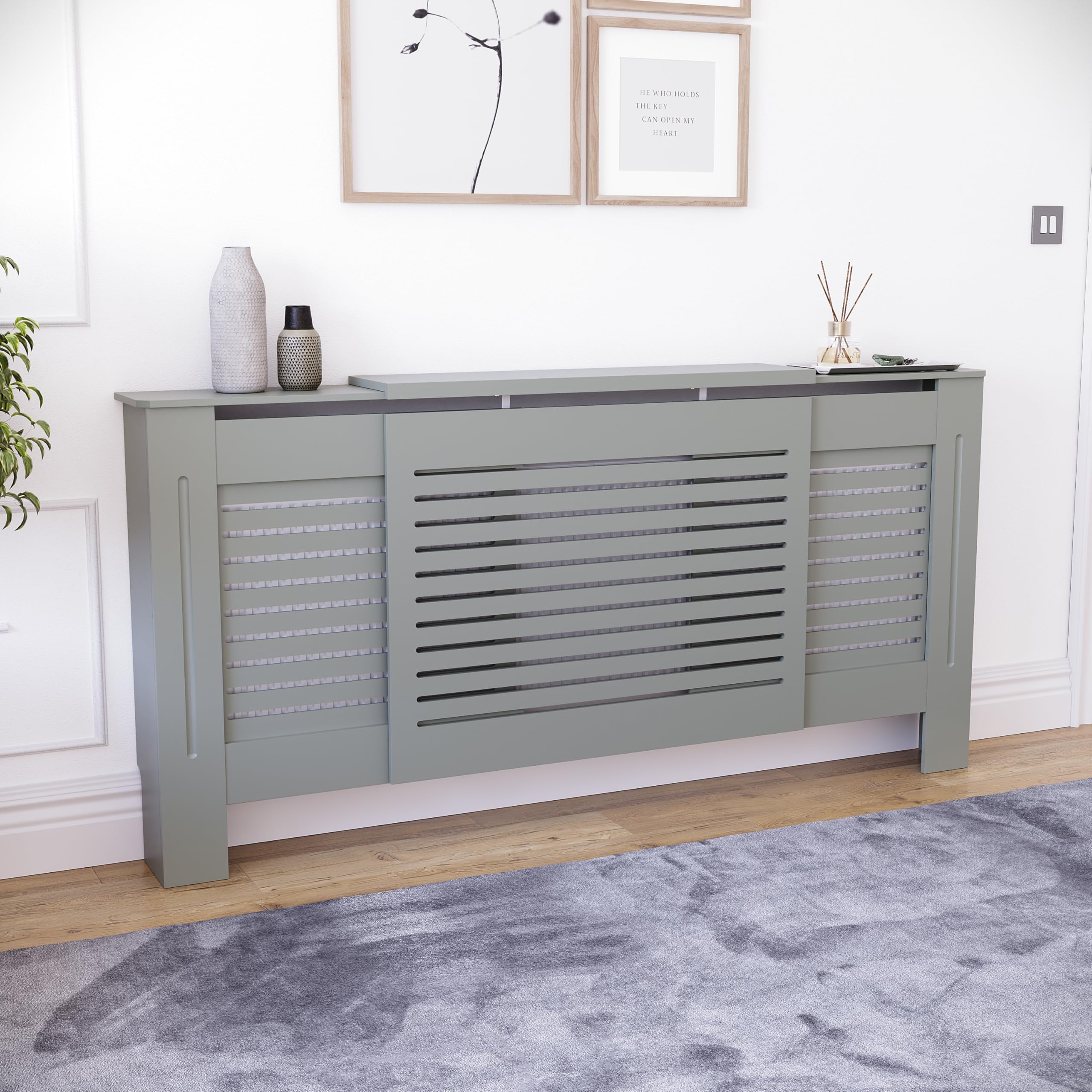 Vida Designs Milton Radiator Cover Olive Grey - Adjustable - Modern Horizontal Slat Design For Optimal Heat Circulation - H82xW140-204xD19cm - Painted MDF Cabinet Ideal For Living Room & Hallway