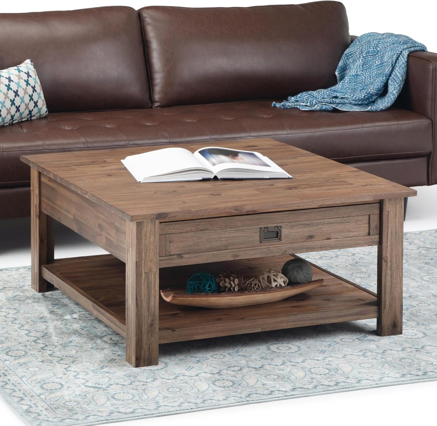 SIMPLIHOME Monroe Square Coffee Table - 38" Wide x 19" High Solid Acacia Wood Living Room Table in Rustic Natural Aged Brown, Rustic Cocktail Table for Family Room with 2 Drawers and Open Shelf