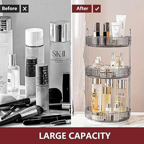 Miniatura 3 de INVSSENE Organizador de maquillaje giratorio de 360 grados para tocador, 3 niveles, organizador de maquillaje de gran capacidad y almacenamiento,