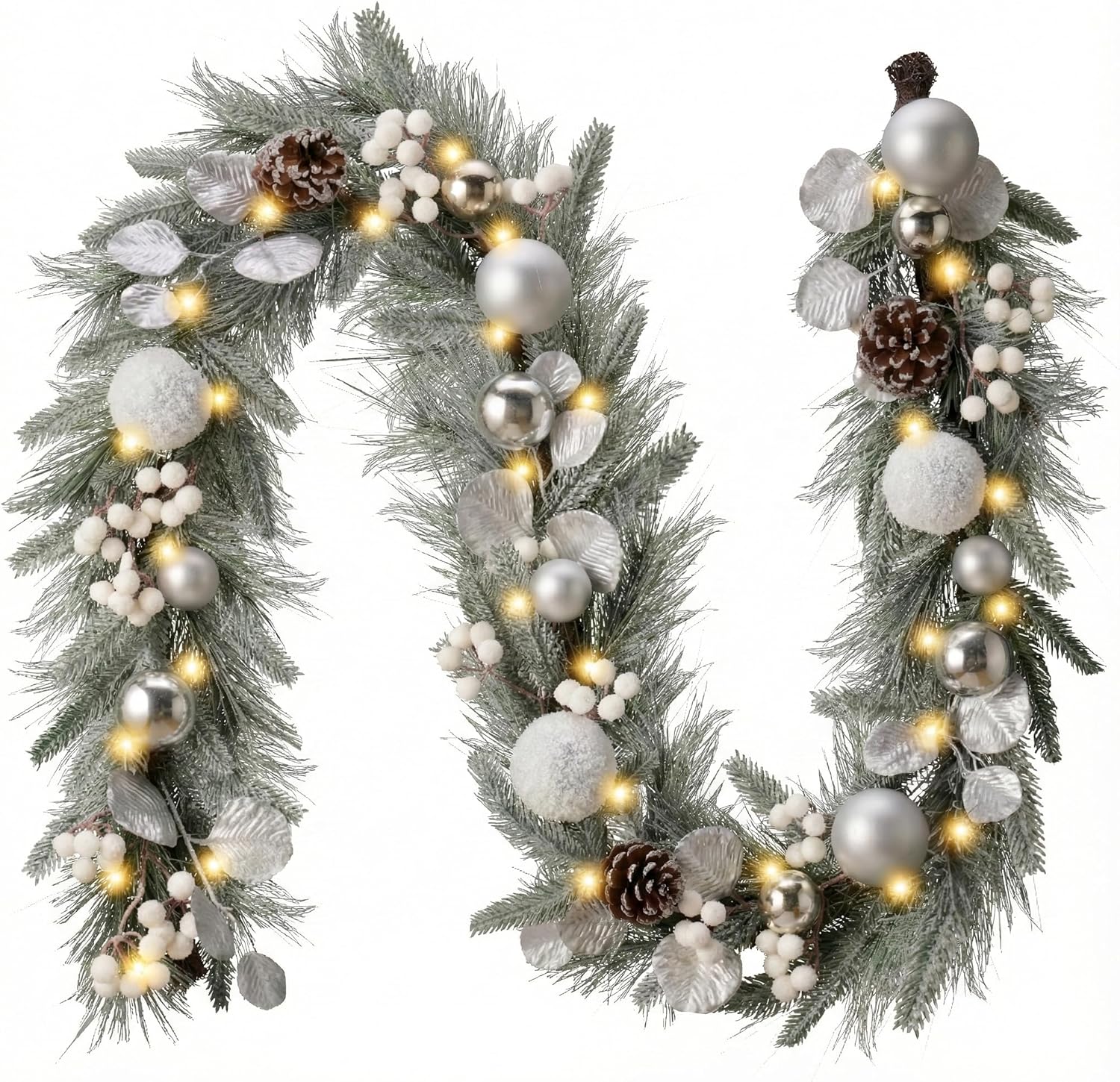 Valery Madelyn 6 Ft Pre-Lit Christmas Garland with Lights for Mantle, Lighted Outdoor Xmas Garland with Silvery White Ball Norfolk Pine for Home Stairs Fireplace Table Centerpiece Indoor Holiday Decor Silver/White 6 feet