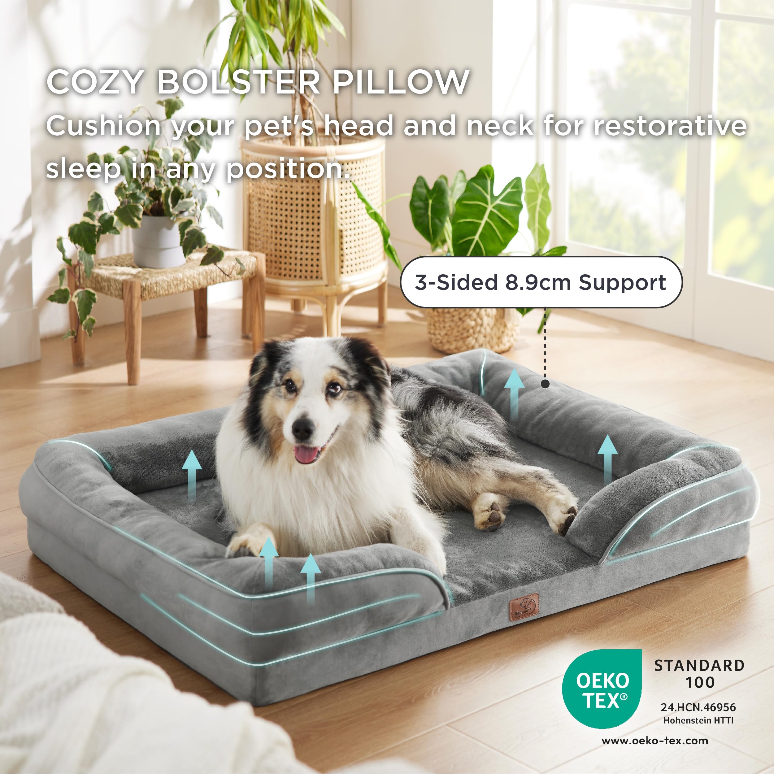 Bedsure Letto per Cani Grande 106x80x16.5 cm - Divano Taglia Grande in Uovo Foam, Colore Grigio, Cuscino Sfoderabile e Lavabile