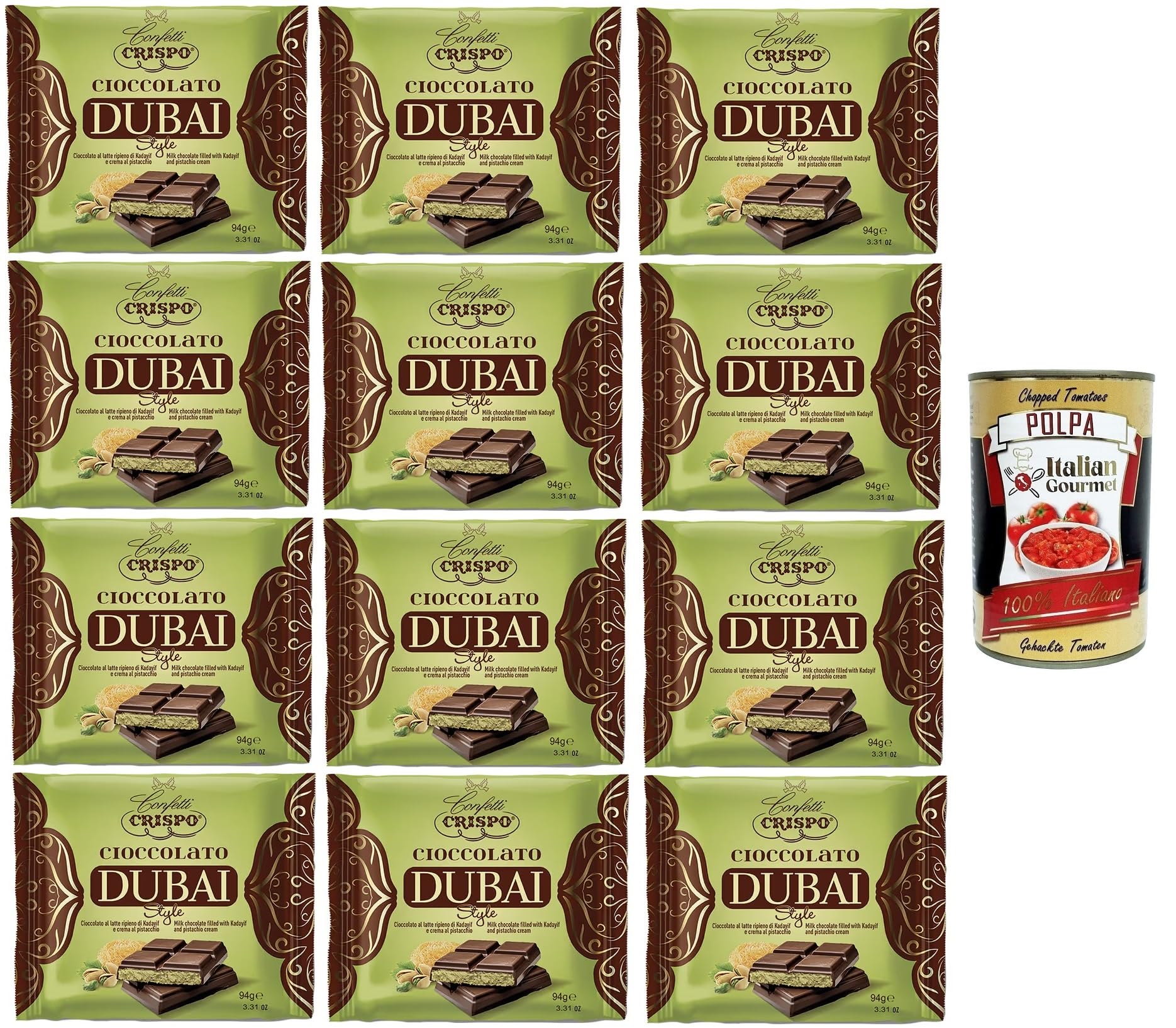 Italian Gourmet Tavoletta Dubai Style Pistazie Schokolade, 1 x 400g | Cioccolato al latte con crema di pistacchio e kadayif; orientalische Füllung, Gesamtnettogewicht 400 g + Kostenlos Polpa 400g