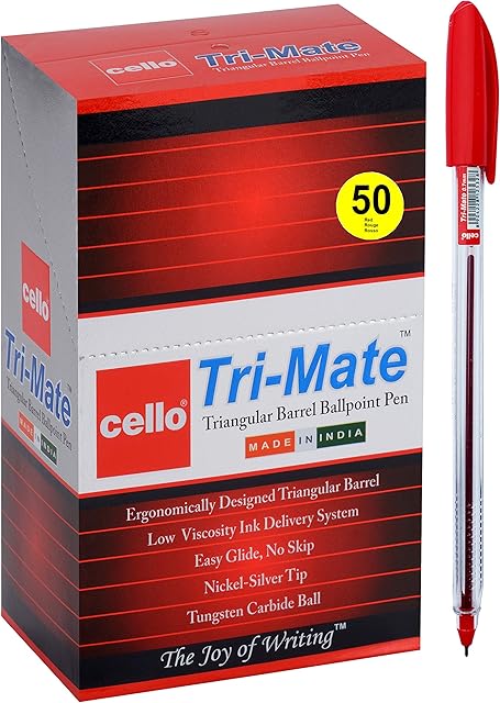Cello Original Red Ballpoint pens Pack of 50 Tri-Mate Ball Pens Medium Point (1.0 mm) Biros Red Pens Ideal for Office, School, University stationery