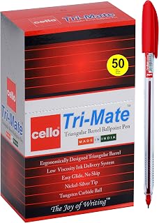Cello Original Red Ballpoint pens Pack of 50 Tri-Mate Ball Pens Medium Point (1.0 mm) Biros Red Pens Ideal for Office, School, University stationery (packaging may vary)