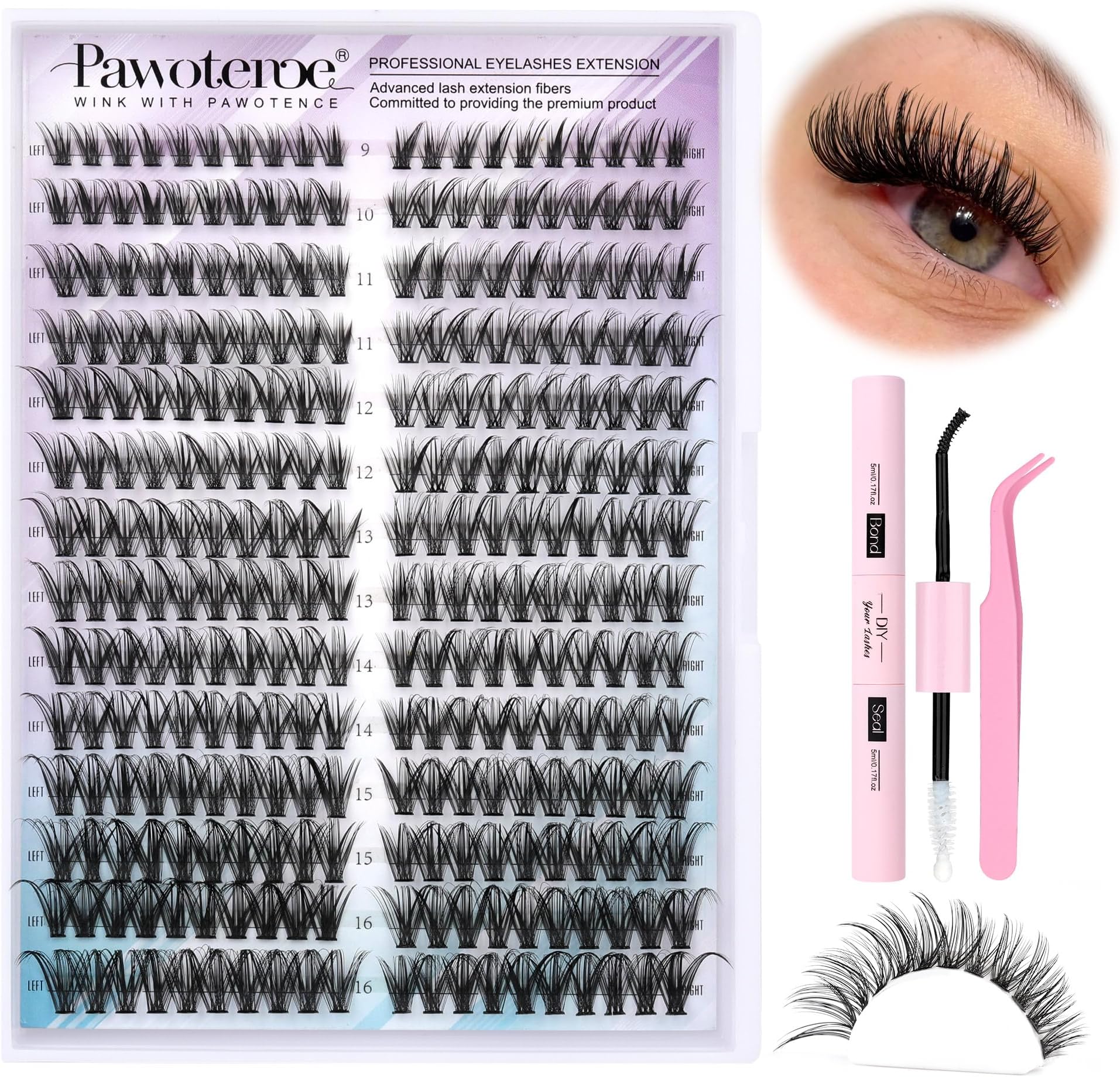 Pawotence Lash Clusters Kit Cat Eye Lash Extension Kit DIY 9-16mm Cluster Eyelash Extensions Kit 40D Individual Lashes with Lash Bond and Seal, Lash Tweezers for Self Use (Fox 40D, 9-16mm, Kit)
