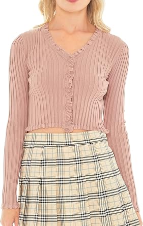 Love Tree Womens Ribbed Knit Sweater Cardigan - Long Sleeve V Neck Button Down Cropped Cardigan