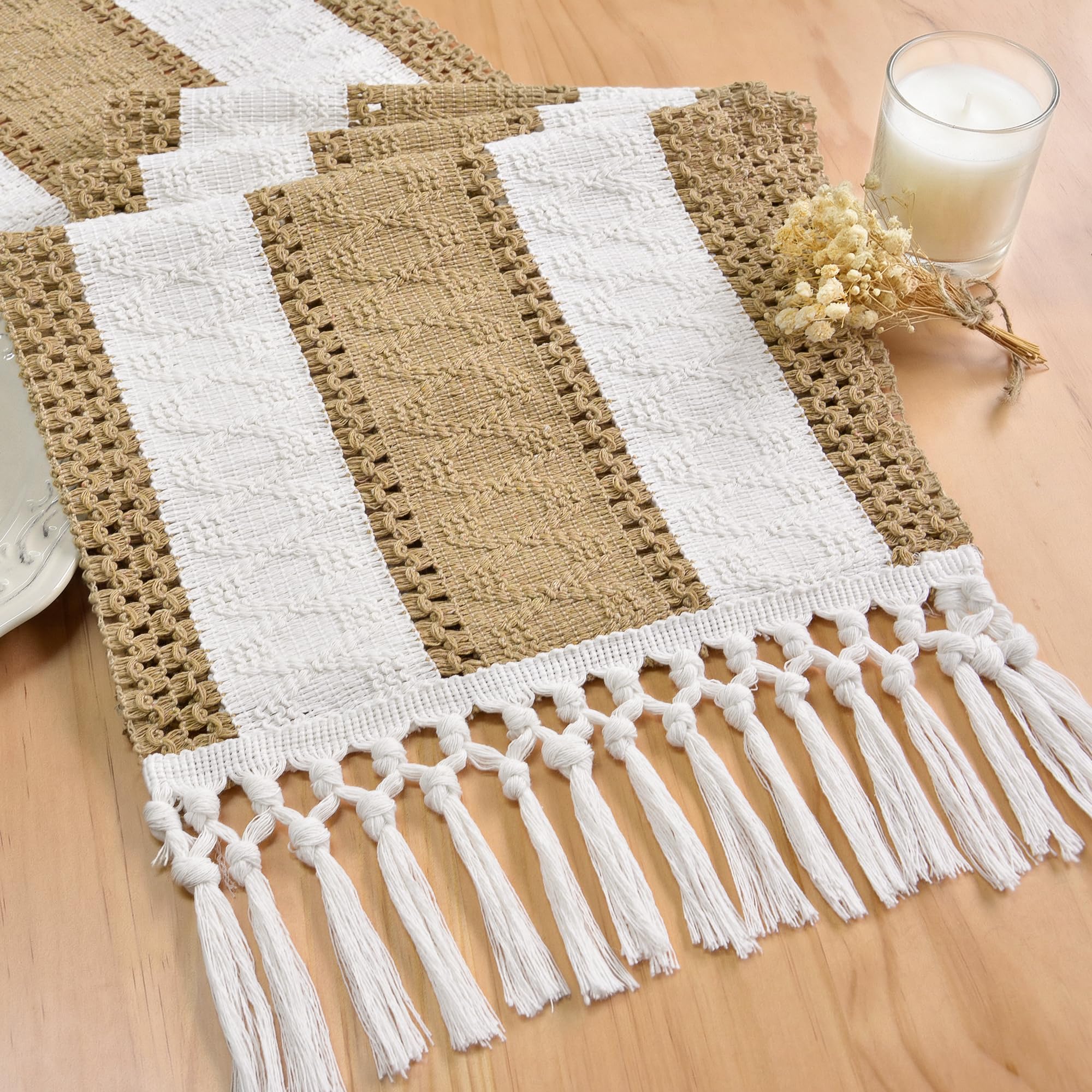 FEXIA Boho Table Runner with Tassels Brown for Fall Home Decor 12x72 Inch