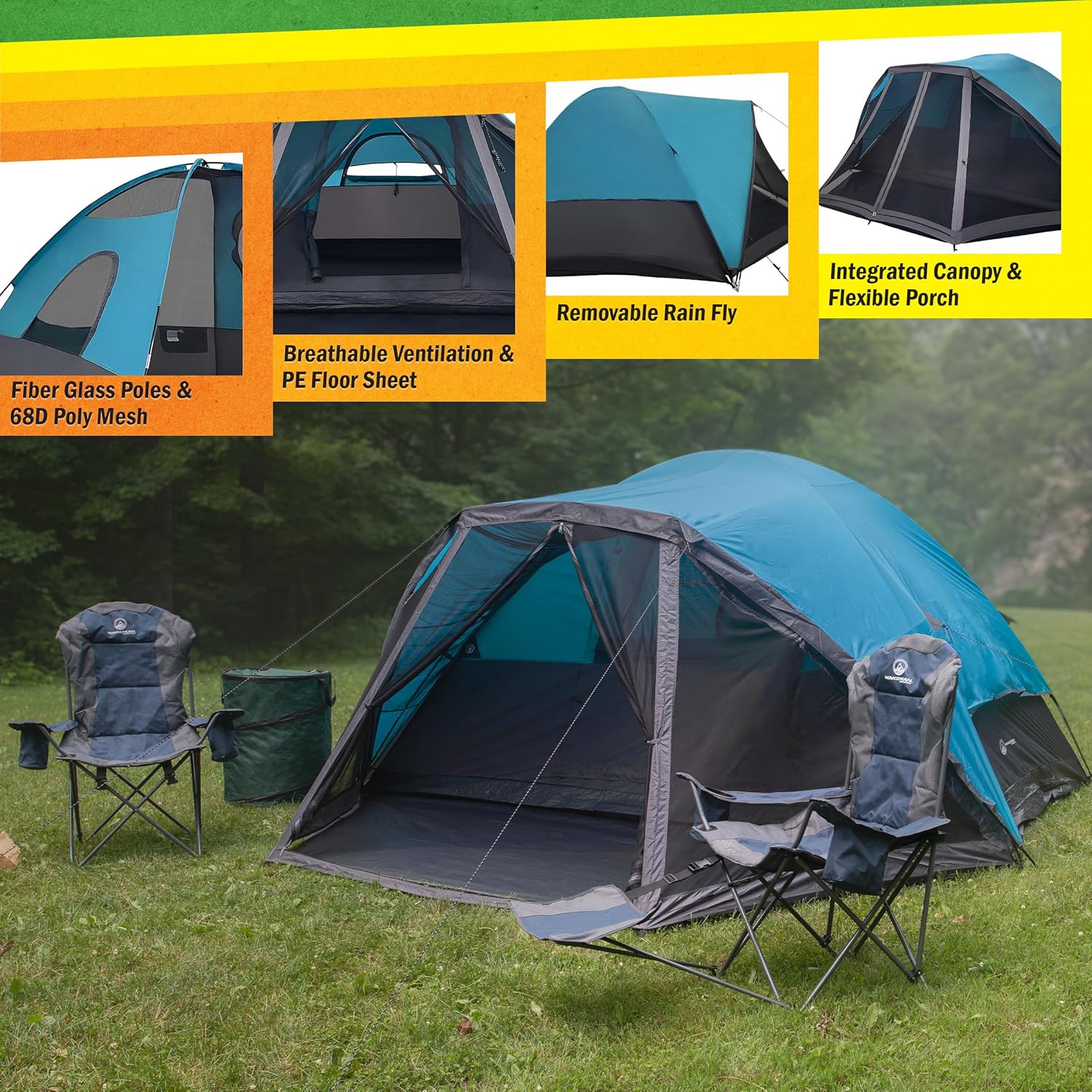 Camping Tent - Water-Resistant Cabin Style Outdoor Shelter with Built-in Screen Tent and Carrying Bag by Wakeman Outdoors