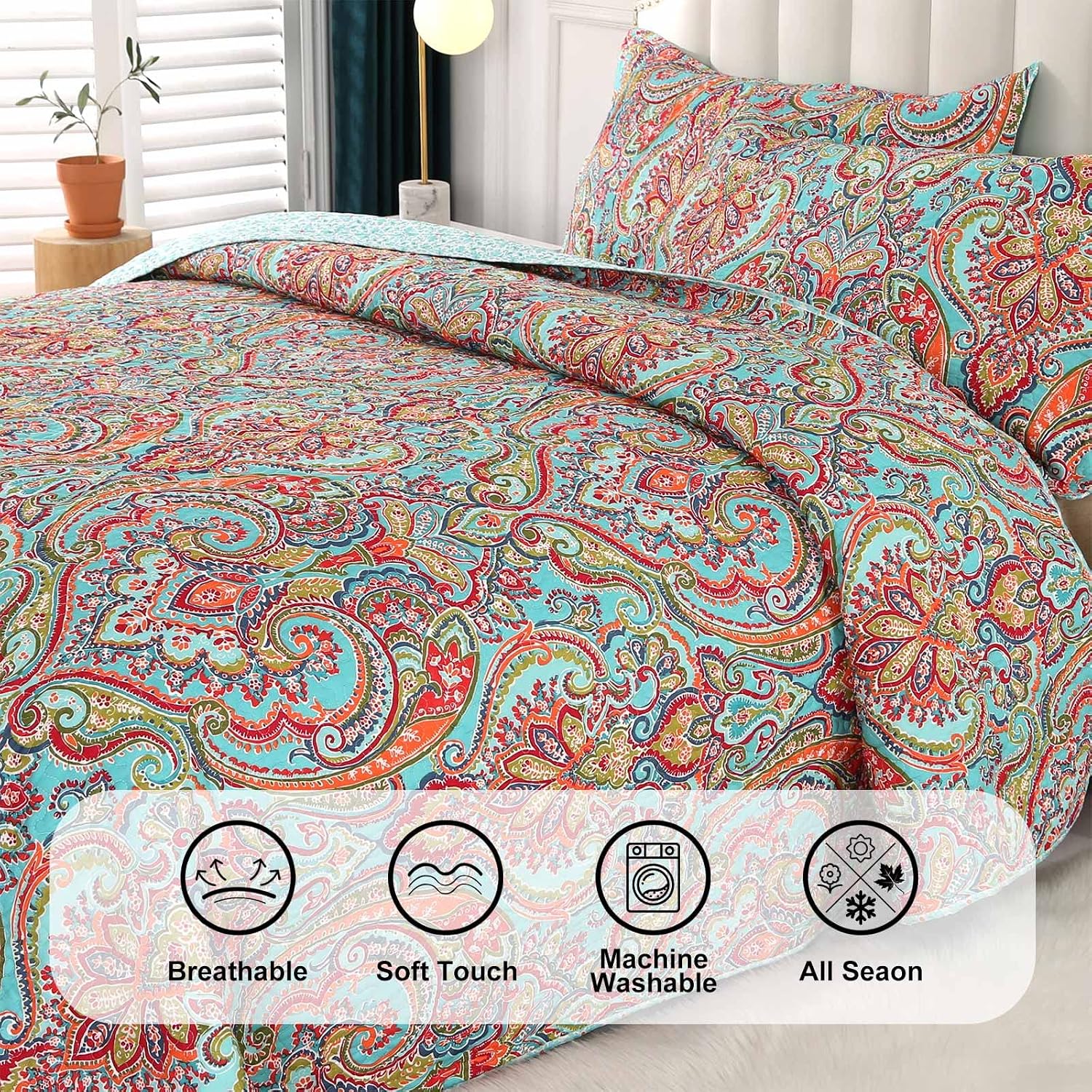 DECMAY Cotton Bedspread Quilt Sets-Reversible Patchwork Coverlet Set, European Gorgeous Floral Pattern, 3-Piece Bedding Coverlet for All Season (1 Quilt + 2 Pillow Shams) Queen(90X98 Inch)
