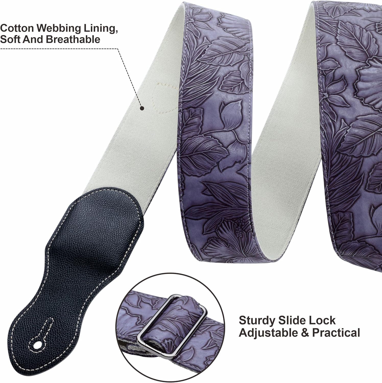 Nefelibata Guitar Strap with Pick Pocket,2.3 inch Porter Style Vegan Leather Carving Guitar Straps,60s Vintage Style (Purple)