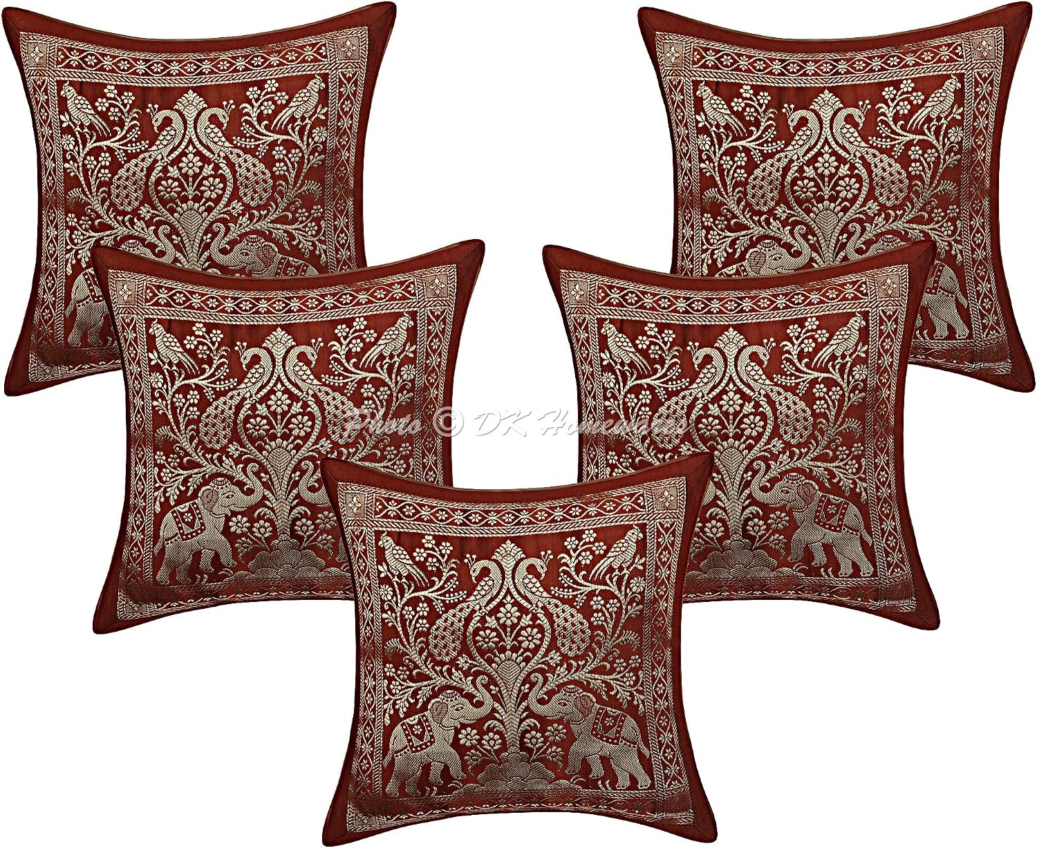 Indian Throw Pillow Covers 12x12 Inch Brocade Jacquard Weave Ethnic Square Elephant Cushion Covers (Size - 30x30 cm ; Color: Brown & Gold) - Set of 5 Pcs (Cover Only)
