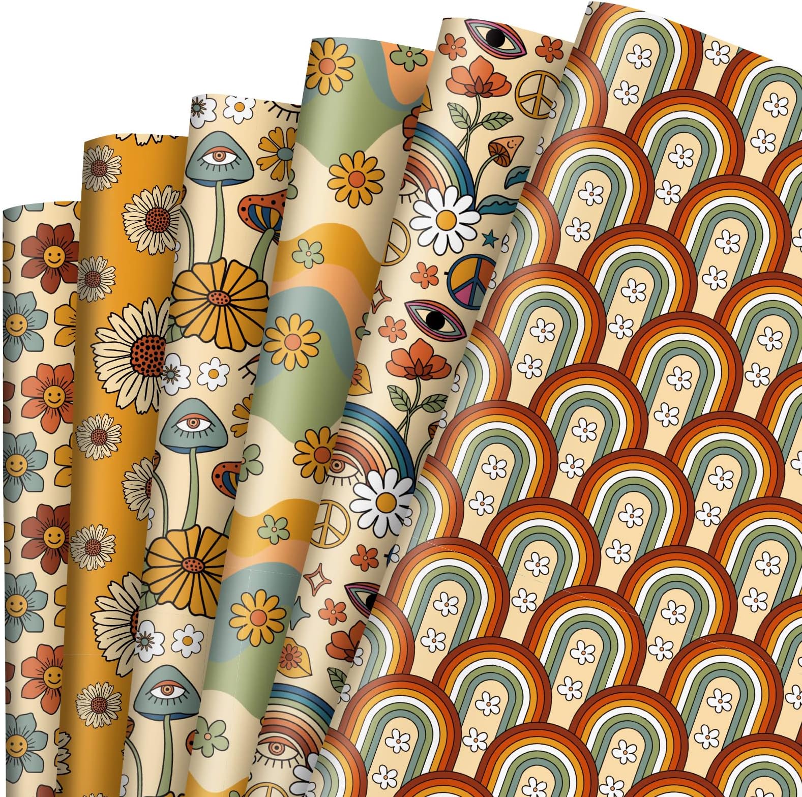 Whaline 12 Sheet Retro Wrapping Paper - Not Roll - Vintage Boho Floral Flower Rainbow Gift Wrap Paper Folded Flat for Birthday Wedding Baby Shower DIY Crafts Gift Packing, 19.7 x 27.6 Inch