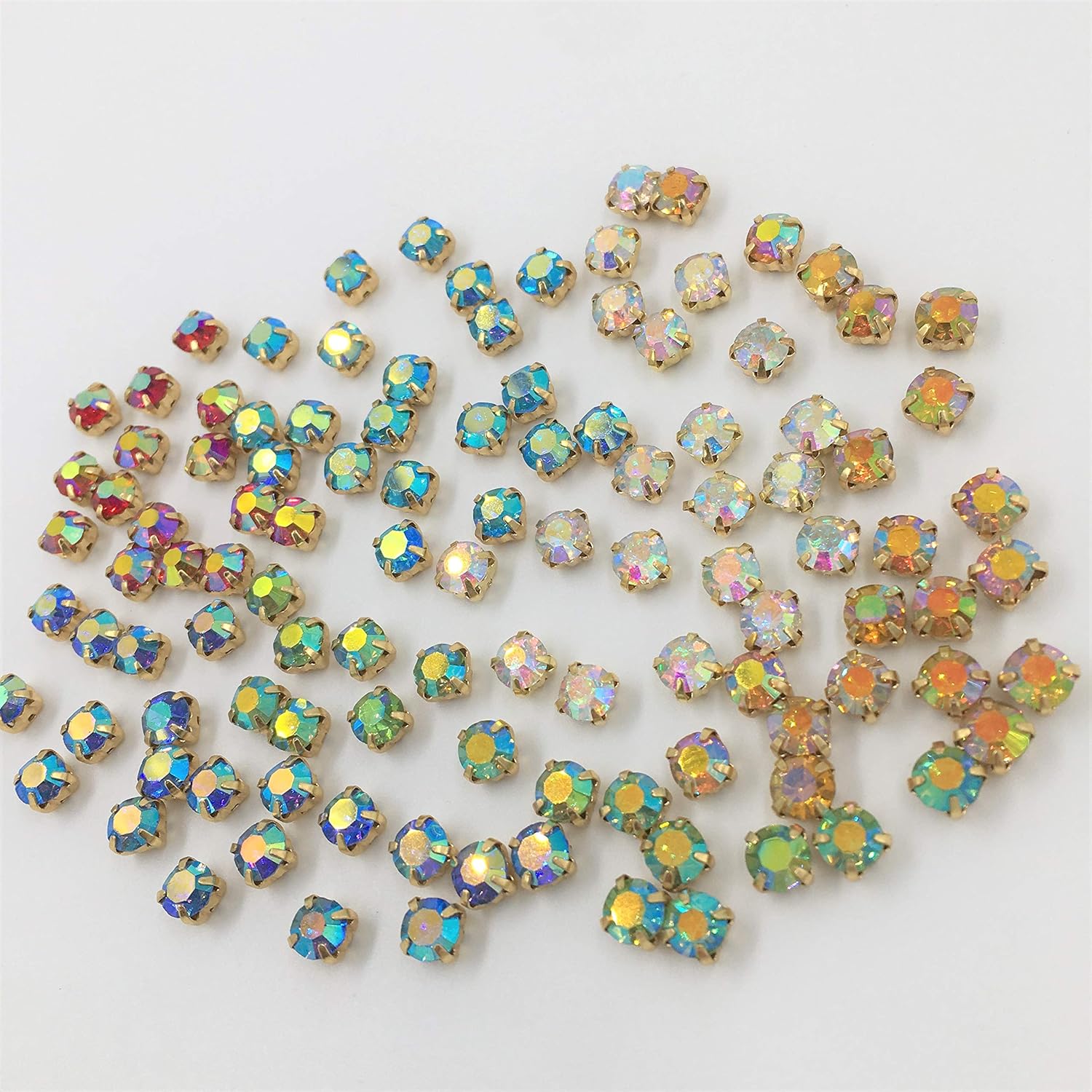 120pcs Sew on Rhinestones Multicolors AB Round Chatons Gold Color Prong Setting 6mm