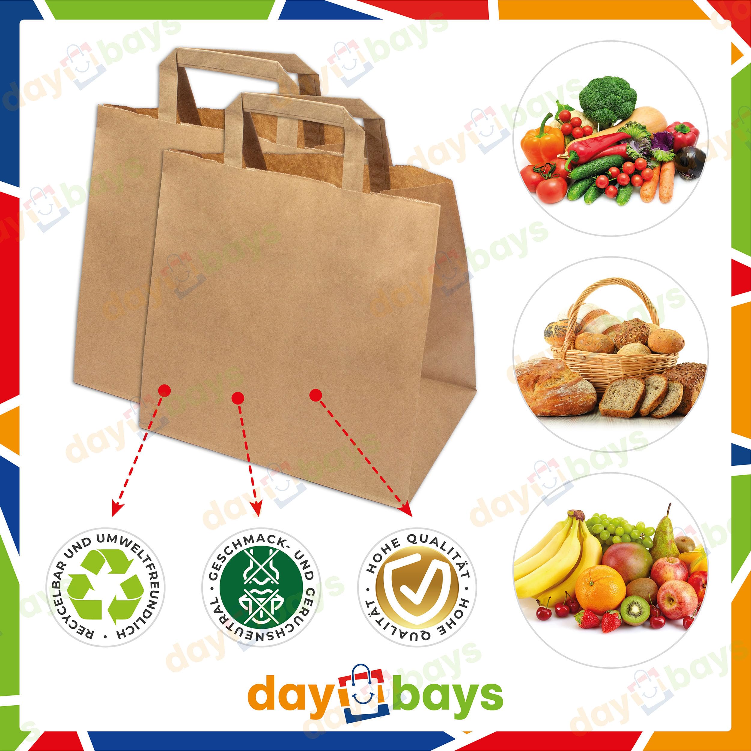 Daybays Papiertüten 26+17 x 25 cm Braun 250 Stk. Geschenktüten Papiertragetaschen mit Henkel aus Kraftpapier, Papiertaschen Geschenktüte Papiertüte klein (250)