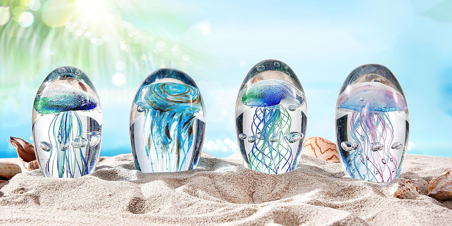 EUSTUMA 手吹きガラス クラゲの置物 美しい海の動物のオーナメント 水族館やデスク用 オフィスの文鎮