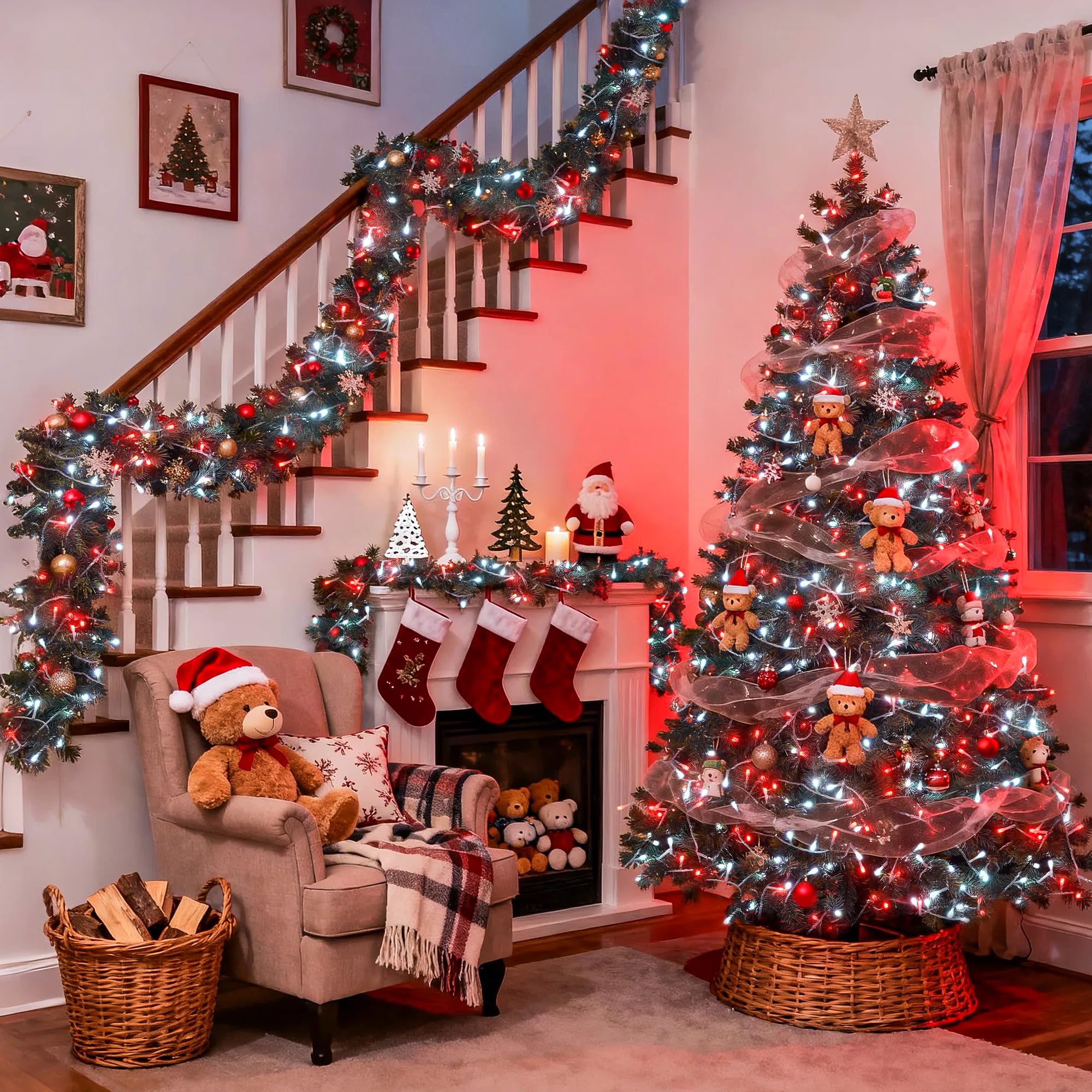 JMEXSUSS Confezione da 2 luci rosse e bianche a batteria, ogni 10 m 100 LED alimentate a batteria con telecomando per feste esterne di compleanno