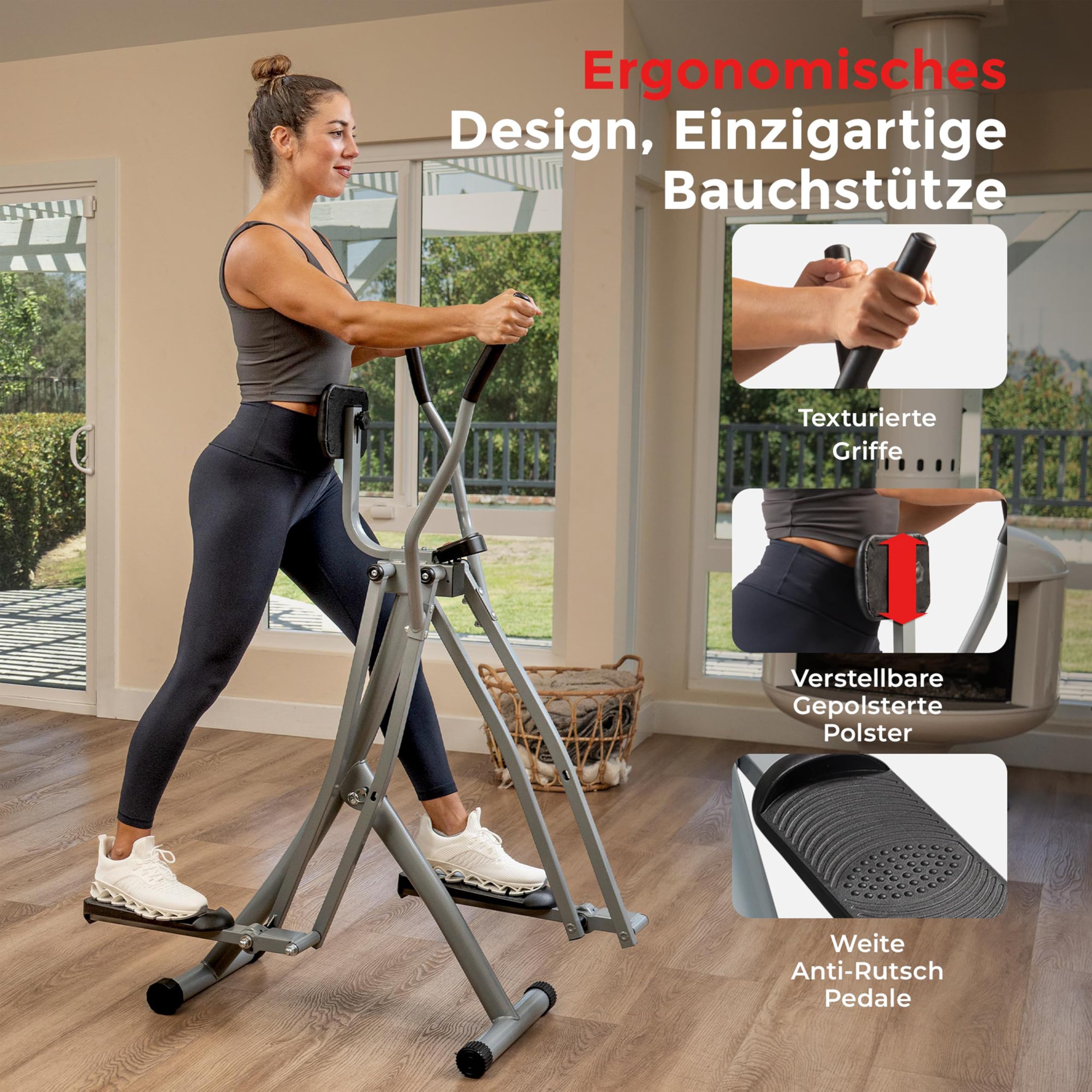 Sunny Health & Fitness Air Walk Crosstrainer für Zuhause, Gelenkschonender Klappbarer Elliptical mit 76 cm Schrittlänge für das Heimtraining, Ultraleiser und Glatter, 100 KG Max User Gewicht