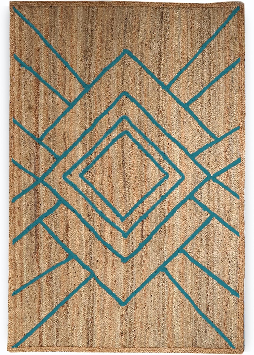 Hand Braided Jute 10x18 Kilim Flatweave Rug Thick 0.27" Sky-Blue Geometric Diamond Pattern Rugs for Living Room Bedroom Dining Table Decorative Floor Home Decor Carpet