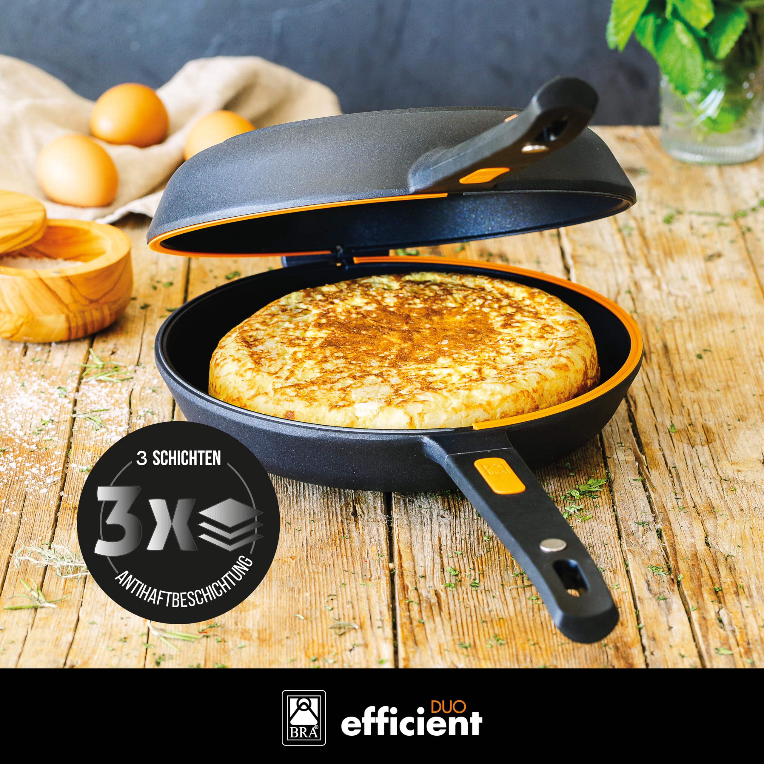 BRA Efficient Duo | Doppelte Kartoffel-Omelette-Bratpfanne, 24 cm Durchmesser, Aluminiumguss, dreifache Antihaftschicht, 100% PFOA-frei, für alle Herdarten