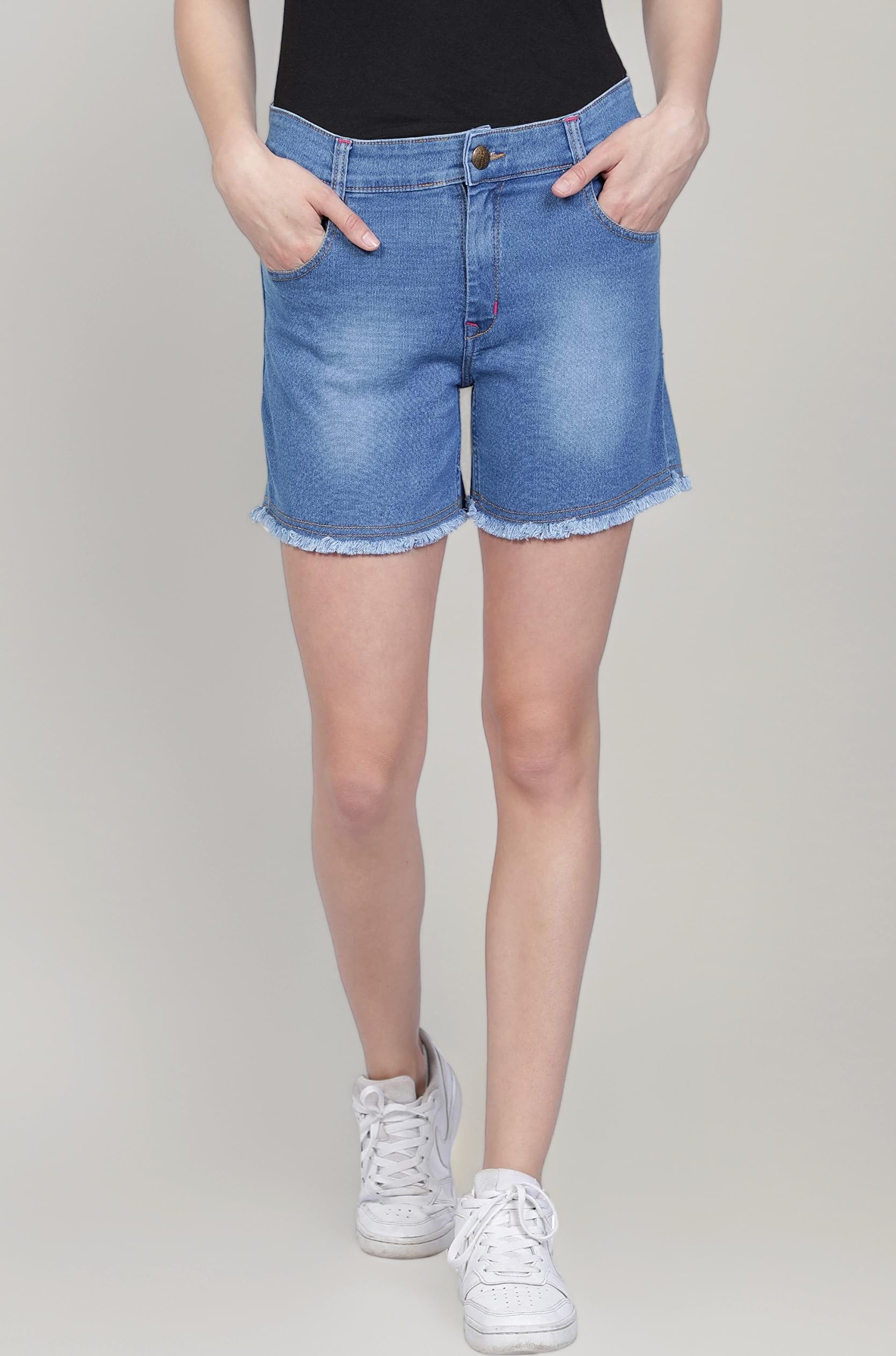 Women's & Girl's Relaxed Fit Low Rise Mid Waist Stylish Denim Jean Shorts Casual Stretchy Frayed Raw Hem with Pockets, Ideal for Casual Outings (DNMS-N-501) | 32 | Blue