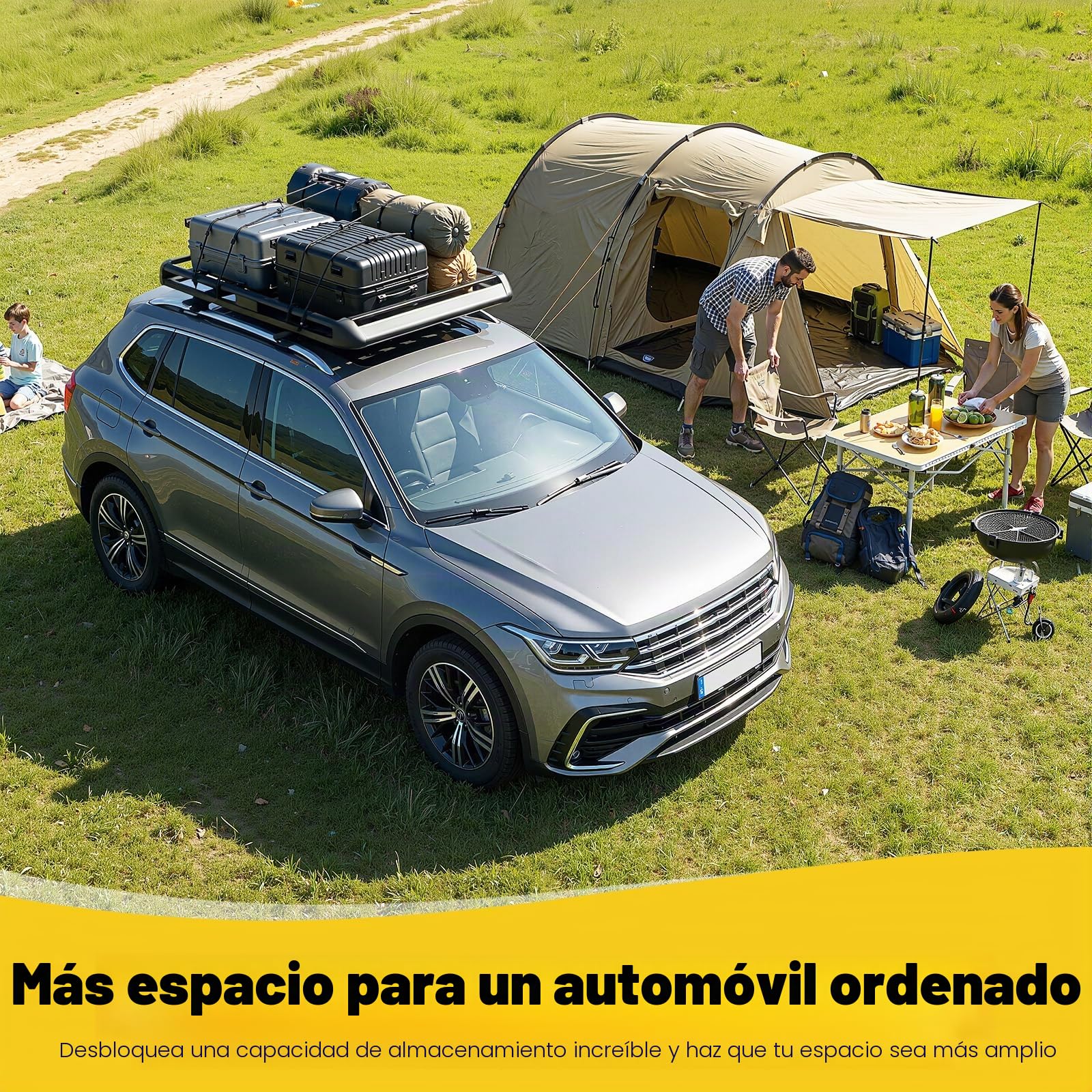 Portaequipajes para Coche, Baca de Techo para SUV, Máx 150Kg, Baca de Techo Universal, Cesta de Transporte de Acero y Aluminio, Portaequipajes Ajustable 100-135Cm para Viaje y Camping