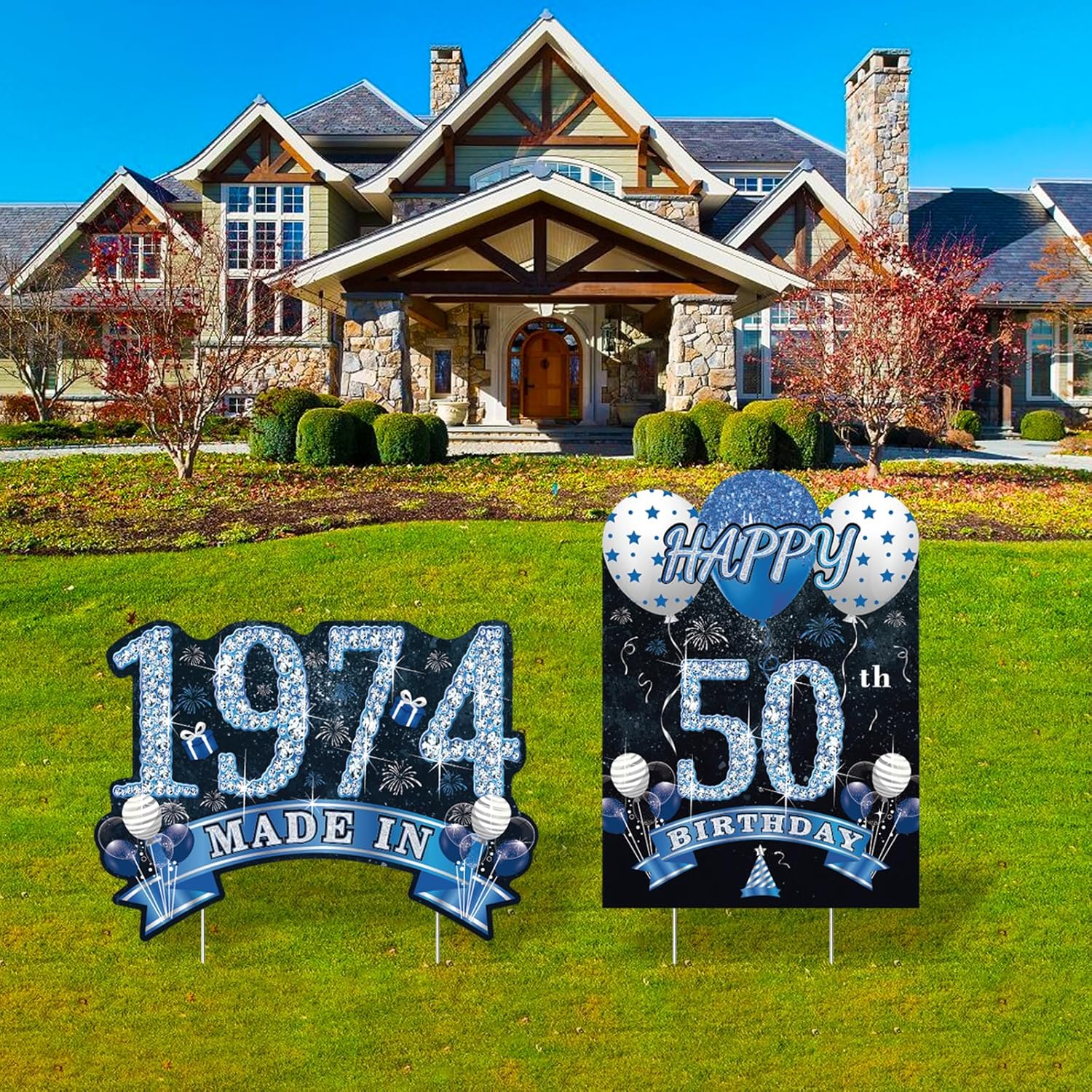 2pcs 50th Birthday Decorations Men Women,Blue Silver Happy