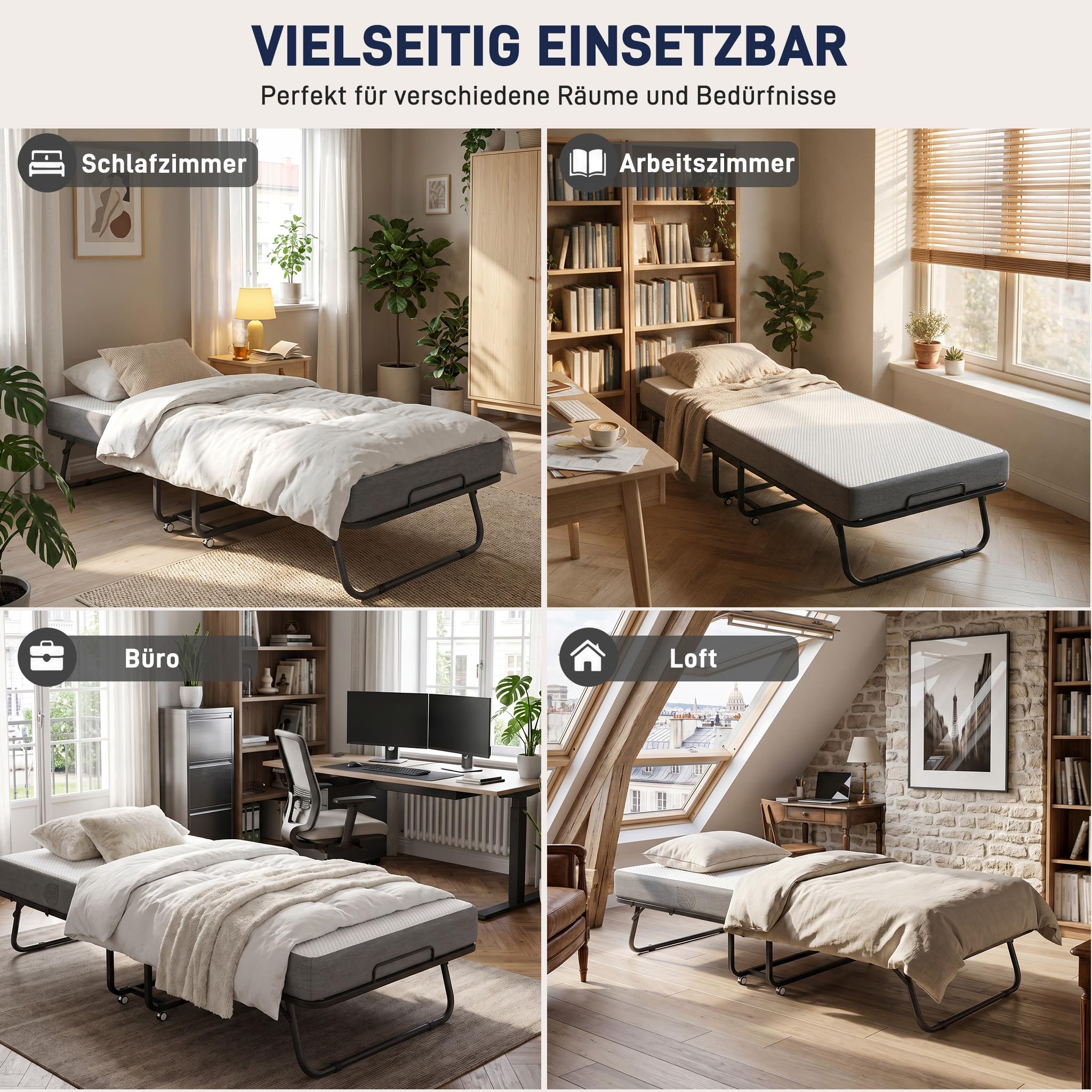 ACXIN Klappbett 90x200 cm Gästebett Klappbar für Erwachsene – Metallbettgestell mit 13 cm Memoryschaum-Matratze, Faltbares Reisebett mit Rollen, Belastbar bis 200 kg