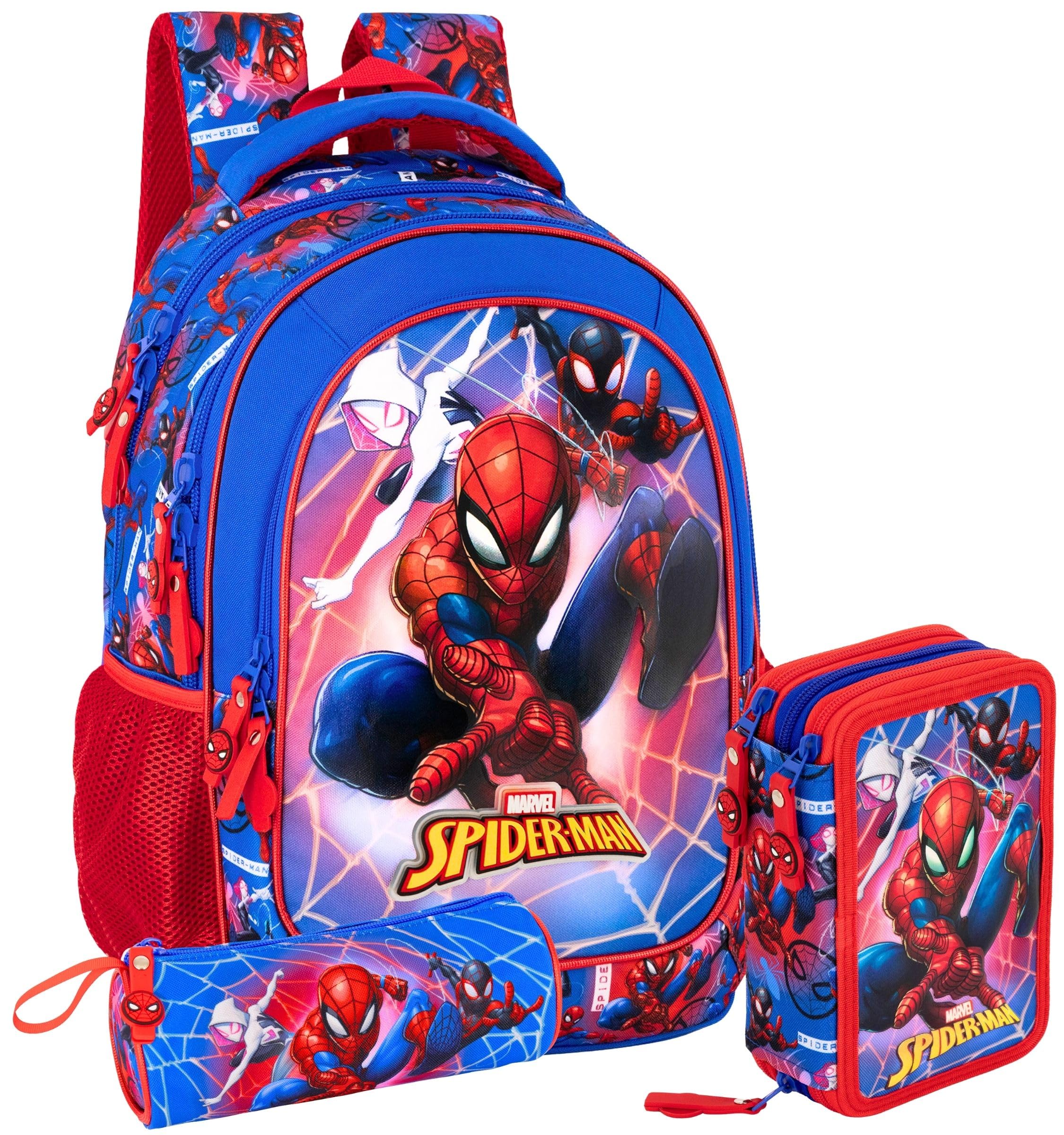 Clondo Pacchetto Scuola 3pz Per Spiderman Fan | Zaino Ergnomico Grande, Astuccio 3 Scomparti riempito 46pz, Tombolino