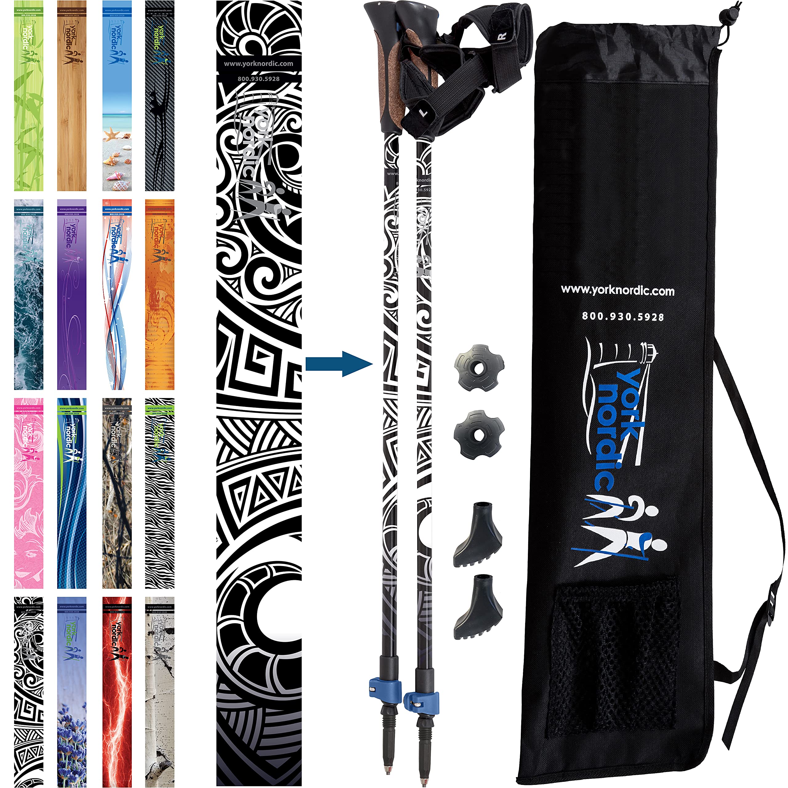 York Nordic 2 piece adjustable Hiking/Walking Poles w/flip locks, detachable feet and travel bag - New Zealand Maori Black Tattoo Design