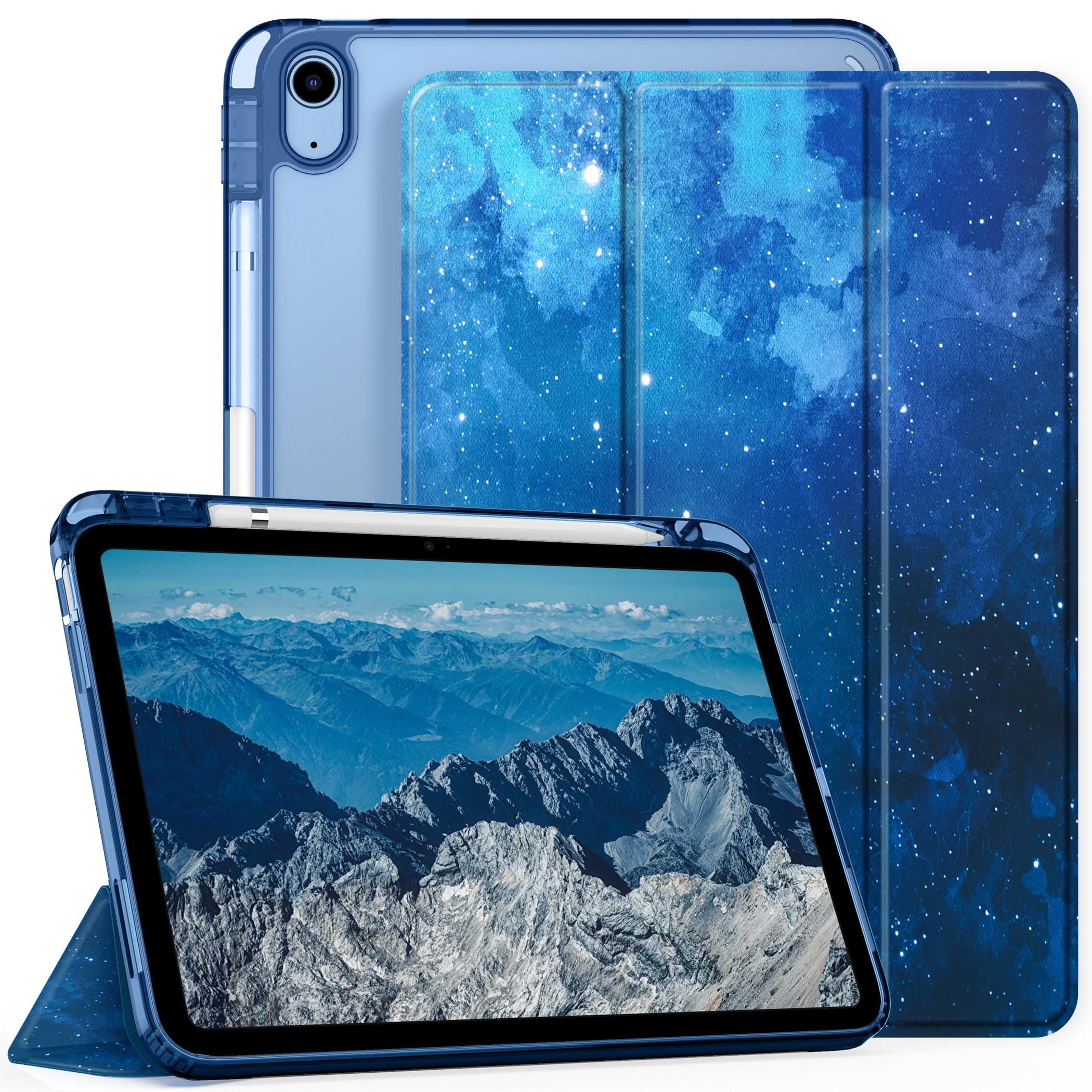 CACOE Custodia Cover Compatibile con iPad 10 generazione 2022, Ultra Sottile Retro Trasparente Cover con Portapenne, Motivo a Stella Blu