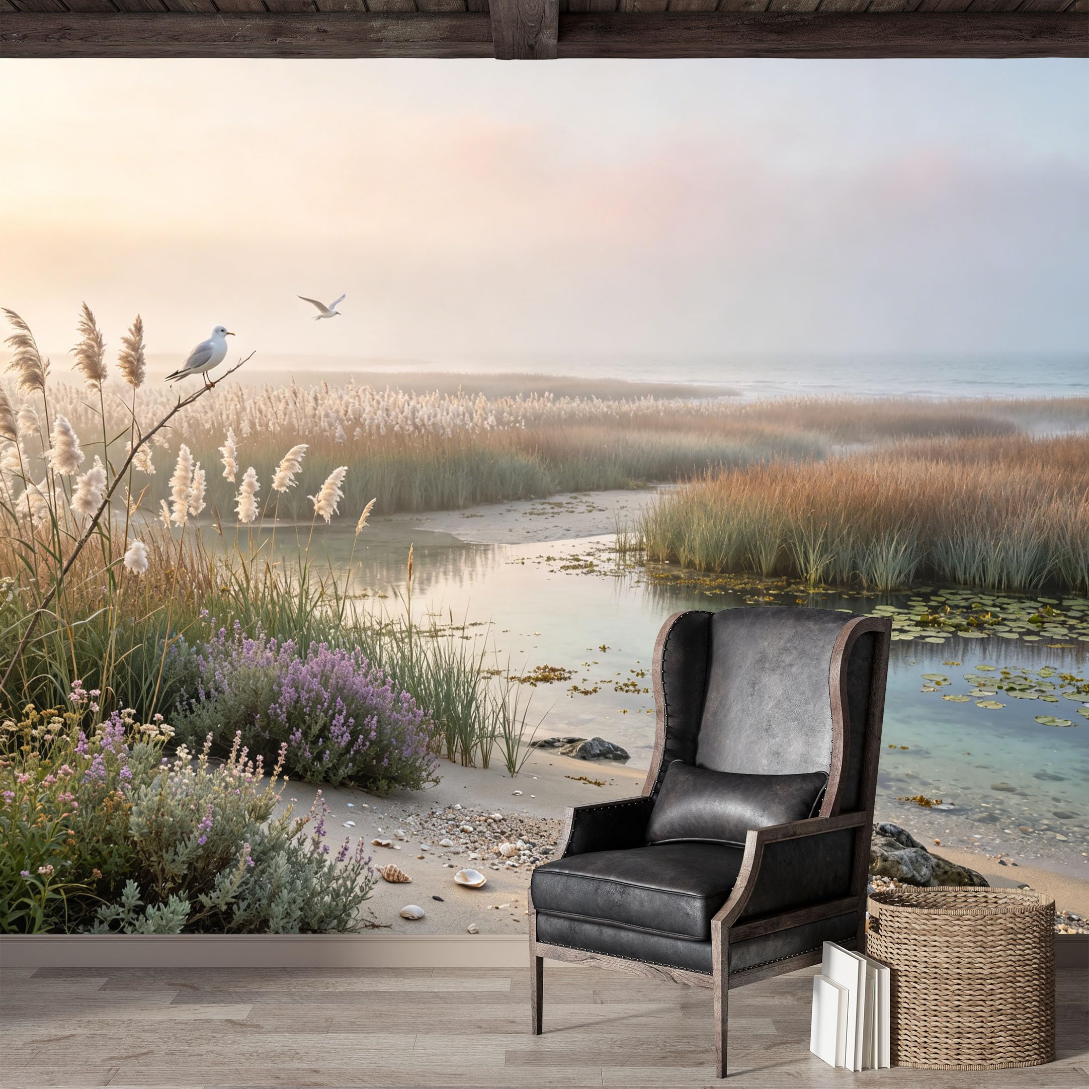 Custom Size Wall Mural,Misty Coastal Wetland Seascape Seagull Birds Landscape Premium Water Activated SelfAdhesive Wallpaper,Removable Wall Covering for Indoor Home Decor