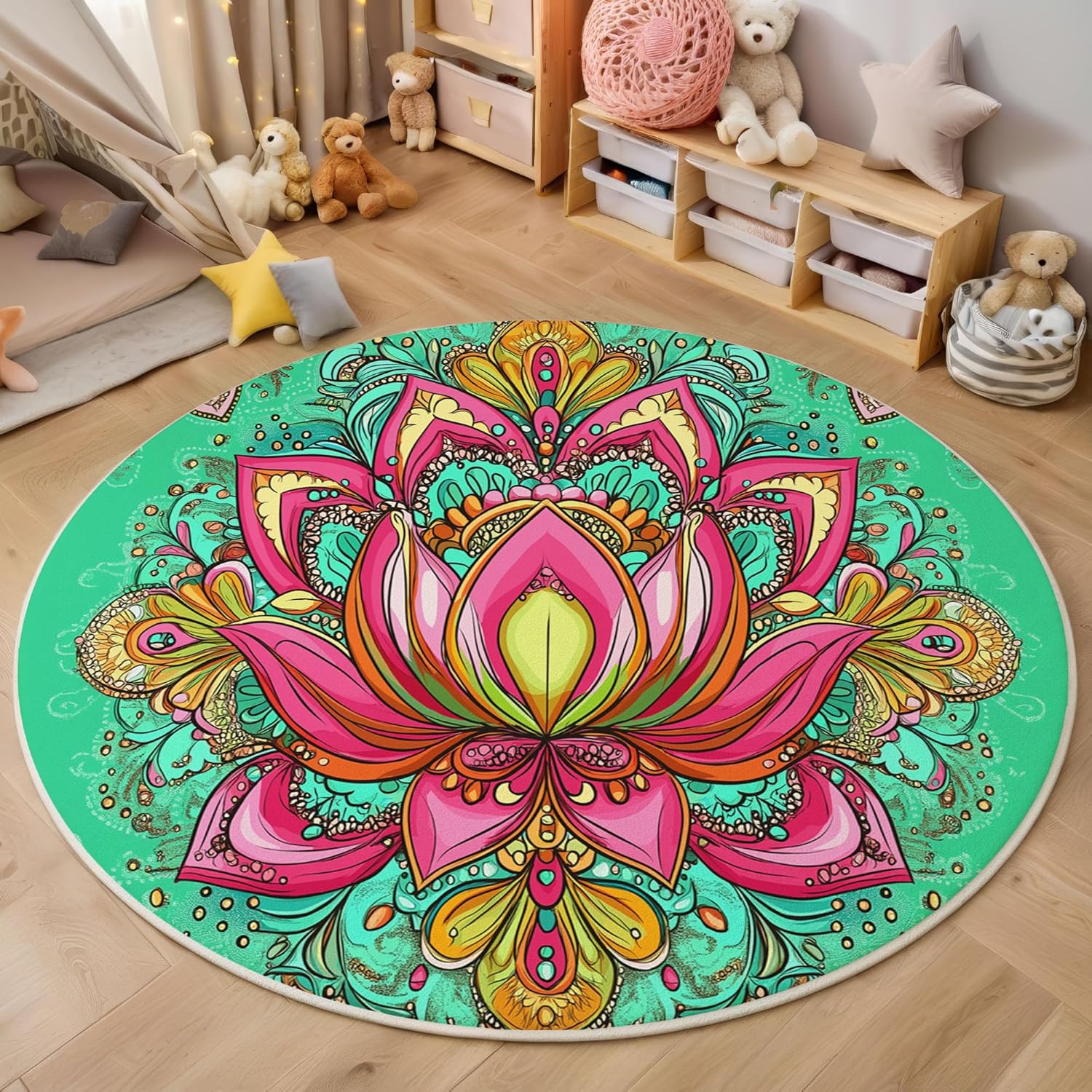 Mandala Lotus Illustration Round Rug 3Ft Area Rug Indoor Circle Round Washable Indian Art Style Non Slip Carpet for Living Room Dining Room Bedroom Entryway Office Decor Turquoise