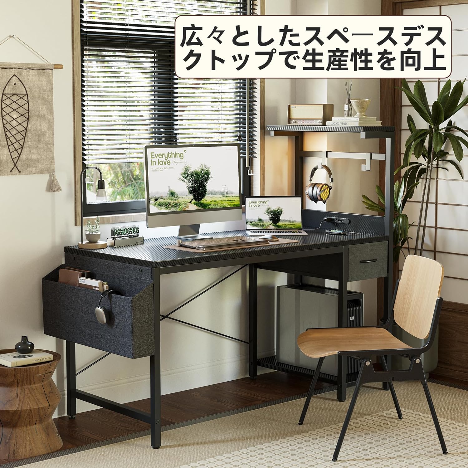 TIQLAB Gaming Desk 47 inch with Power Outlet and LED Light, Computer Desk with Reversible Shelves and Storage Drawer, Small PC Desk for Home Office Table with Bag, Carbon Fiber Black