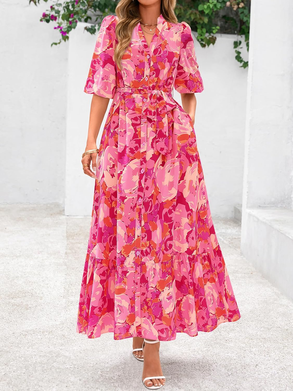 MASCOMODA Womens Floral Maxi Dresses Boho Summer Casual V Neck 3/4 Puff Sleeve Button Down Tie Waist Long Flowy Shirt Dress - Image 2