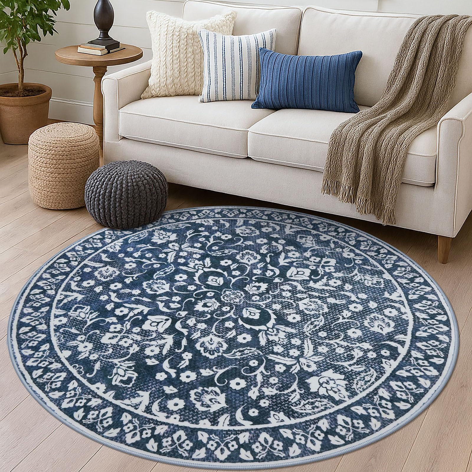 SILOLOOM Vintage Washable Large Round Rug 6ft Circle Rug for Living Room