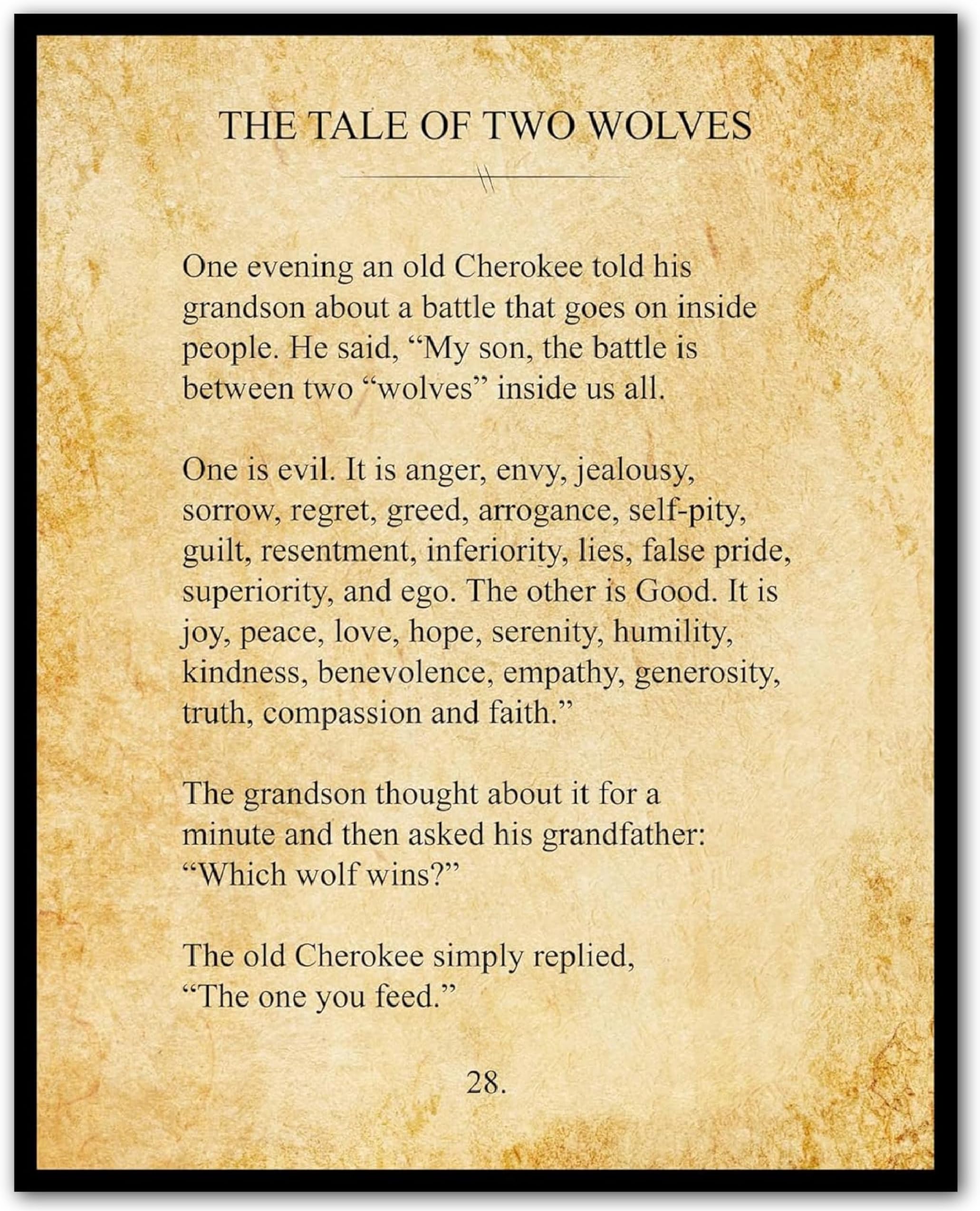 The Tale of Two Wolves - Inspirational Native American Spiritual Wall Art Print - Vintage Wall Decor for Home, Office, Library, Classroom, and Living Room (Unframed, 8 x 10 inches)