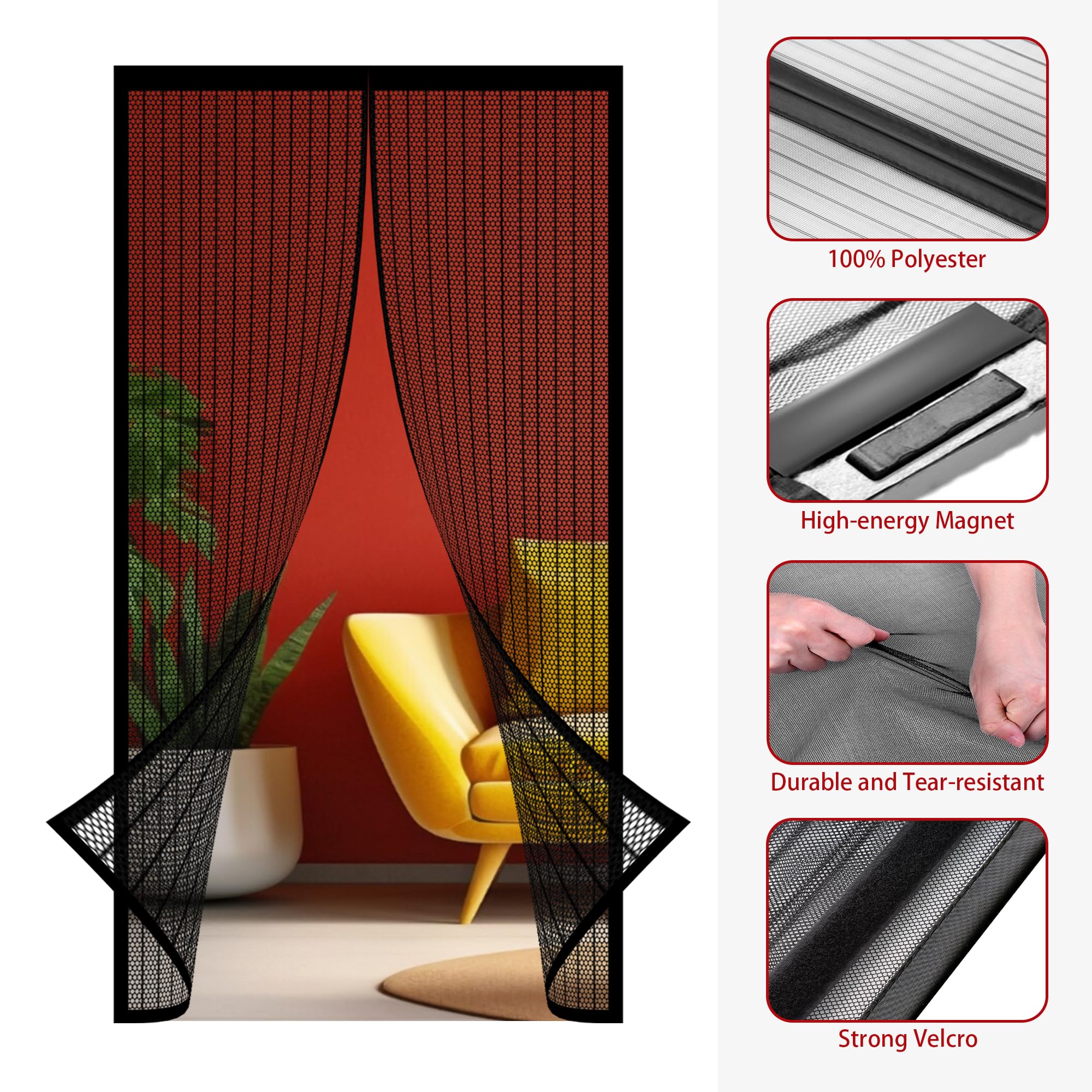 Zanzariera Magnetica 107 x 248 cm Varie Taglie Tenda con Magneti Anti Zanzare Anti Insetti Traspirante Chiusura Automatica per Porta Finestra Balcone Soggiorno Ingresso, Nero