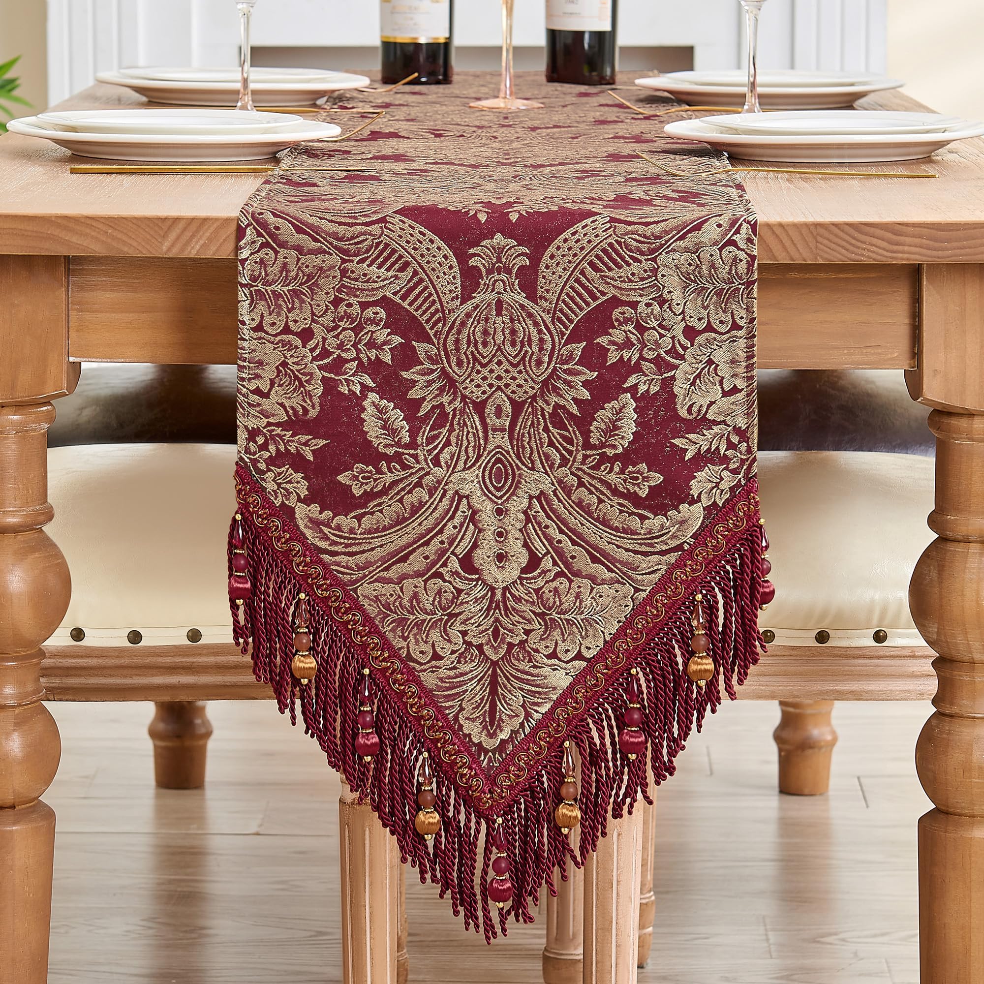 TOPLUXETable Runner with Tassels, Damask Table Runner for Dining Room/Restaurant/Banquet/Festival/Christmas Decoration (33x228cm, Red)
