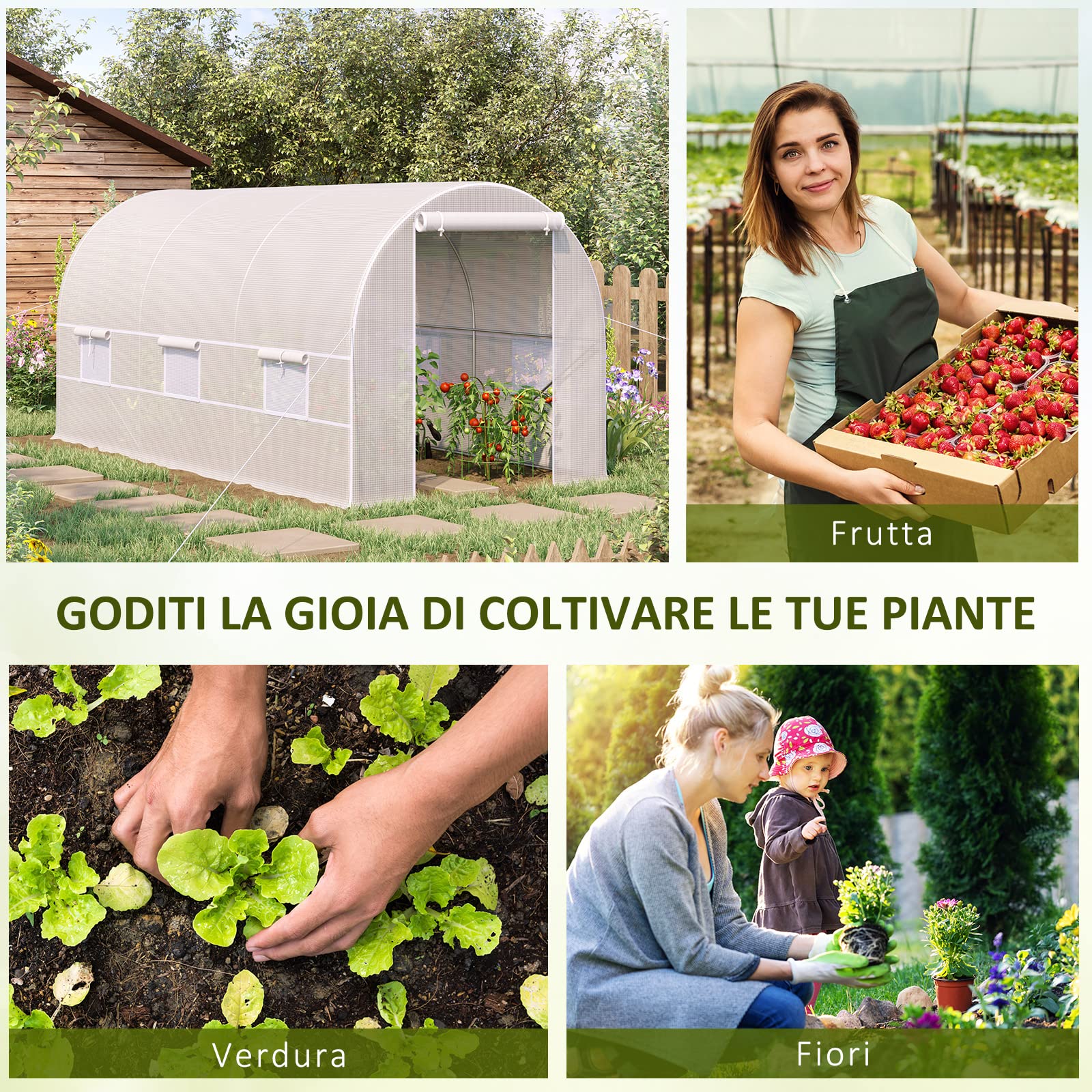 Outsunny Serra da Giardino a Tunnel 4x2x2 m con Porte Avvolgibili e Finestre, Serra per Orto con 4 Rinforzi Diagonali, Struttura in Metallo e Copertura PE, per Orto Verdure Fiori, Bianco