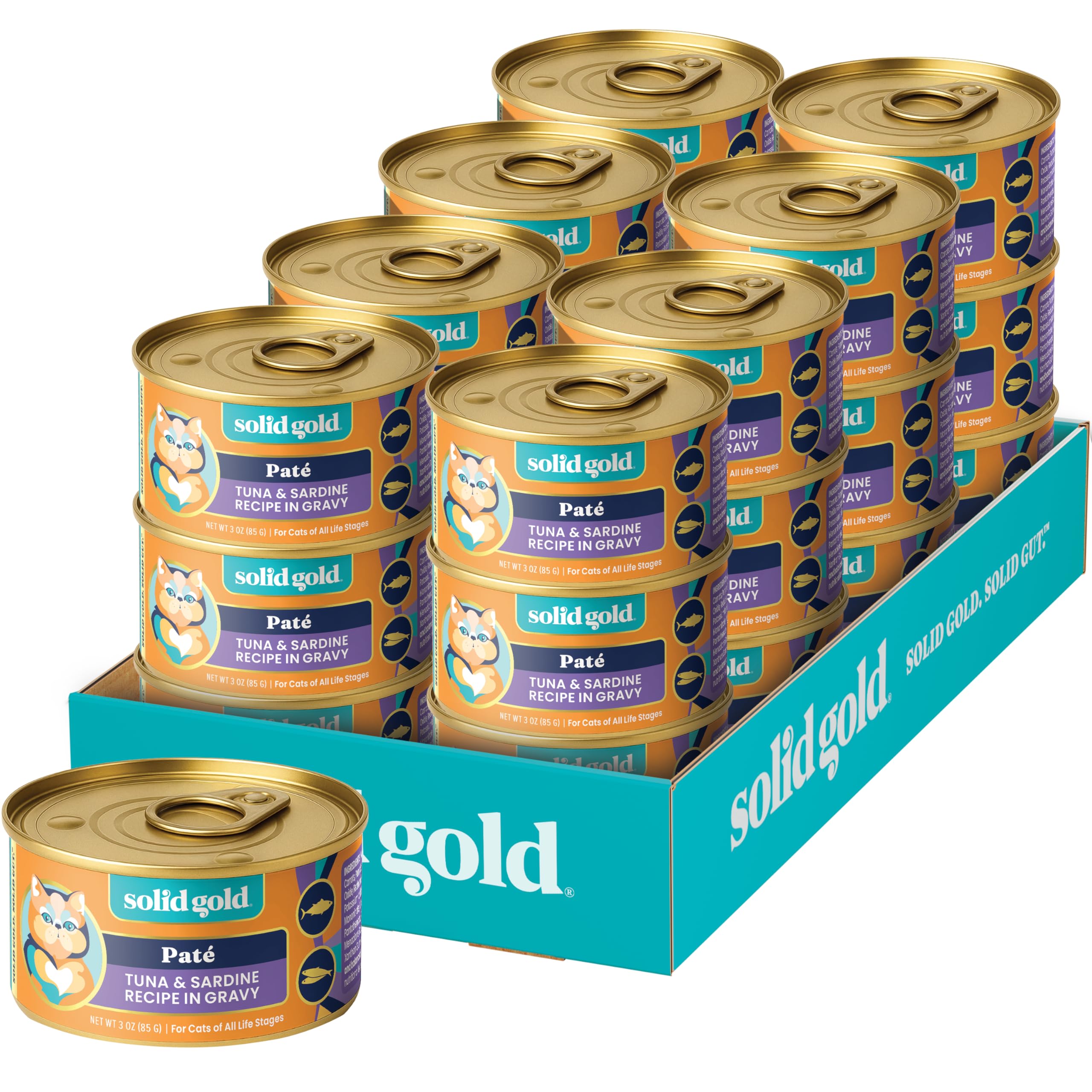 Solid Gold Wet Cat Food Pate - Healthy Canned Cat Food Pate w/Real Tuna & Sardine, Omega Fatty Acids, Vitamins & Minerals - Grain Free & Gluten Free Can Meals for Cats & Kittens - 24ct/3oz Can