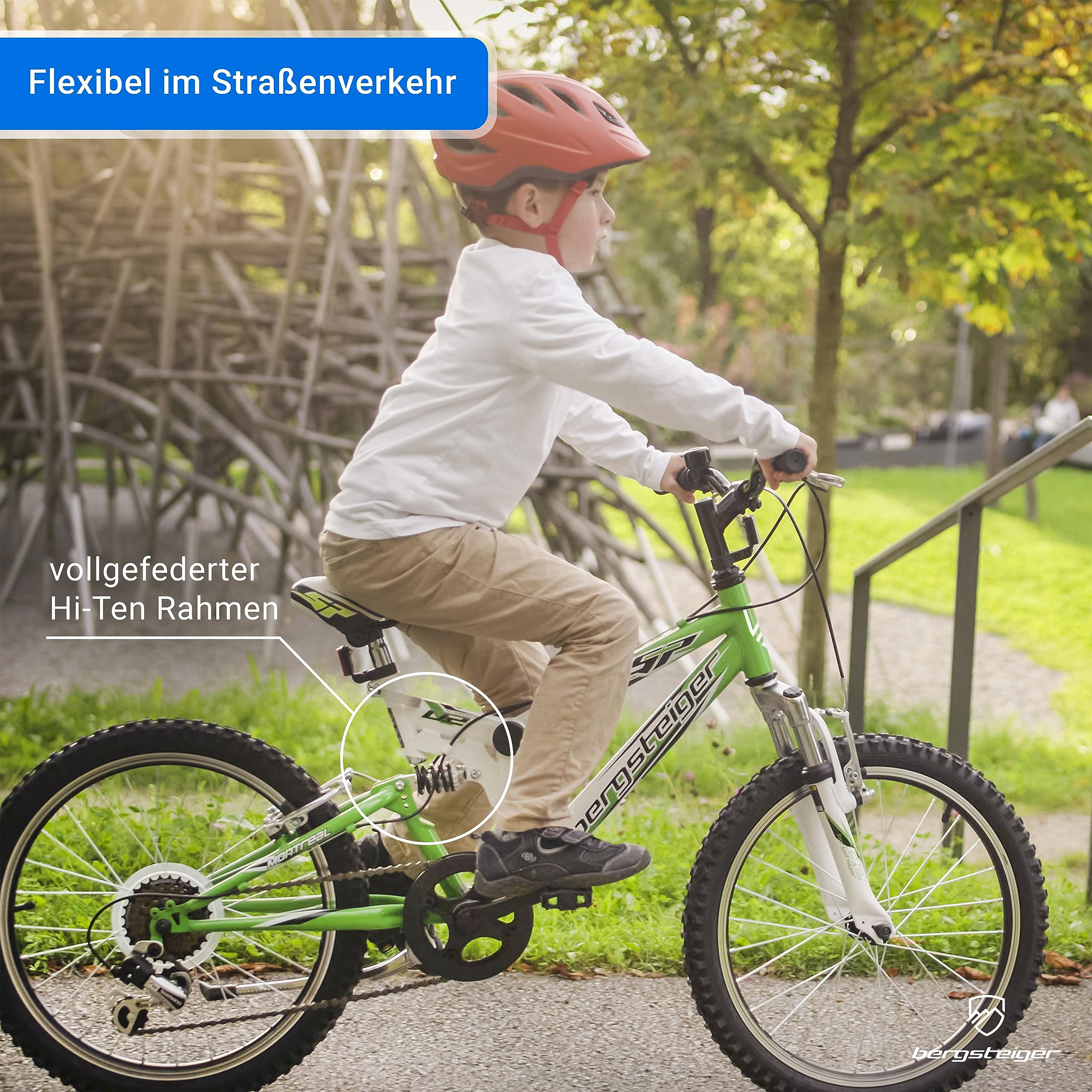 Bergsteiger Montreal 20/24 Zoll Kinderfahrrad Mountainbike mit Vollfederung | Ideal für den Schulweg ab 115 cm Körpergröße. Mit 18-Gang-Schaltung, Scheibenbremse und zu 90 Prozent fertig vormontiert.