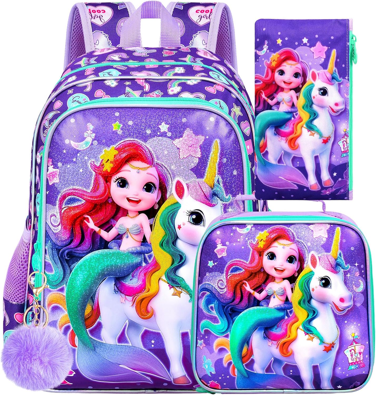 3Pcs Backpack for Girls, 16" Unicorn Kids School Backpacks with Lunch Box, Mermaid Bookbag for Elementary Preschool Kindergarten(Purple)