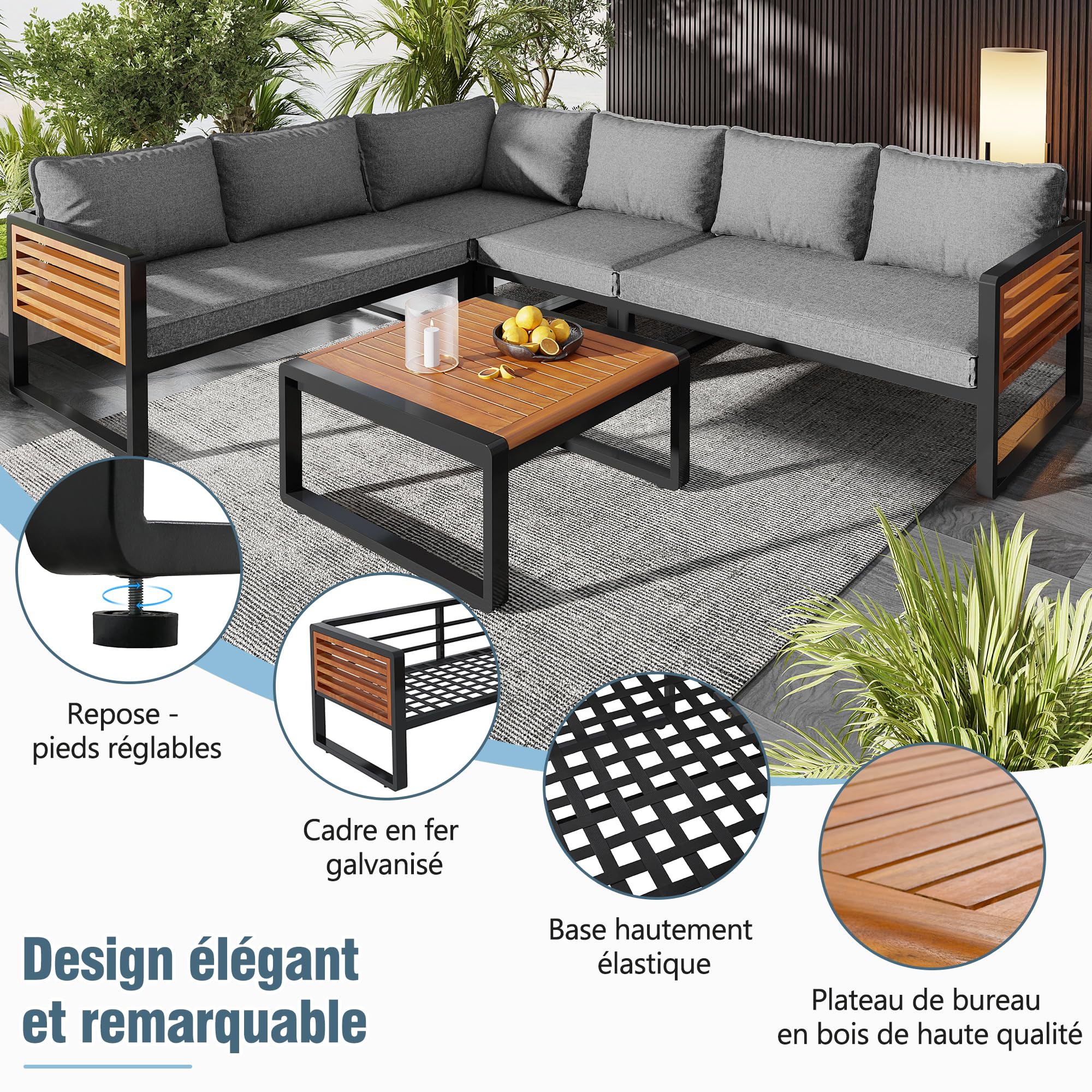 Ensemble Salon de Jardin Exterieur 5-6 Places, Mobilier de Jardin en Métal avec Structure en Fer Zinc et Accoudoirs en Bois, Canapé d'angle Modulable, Table Basse en Bois Massif