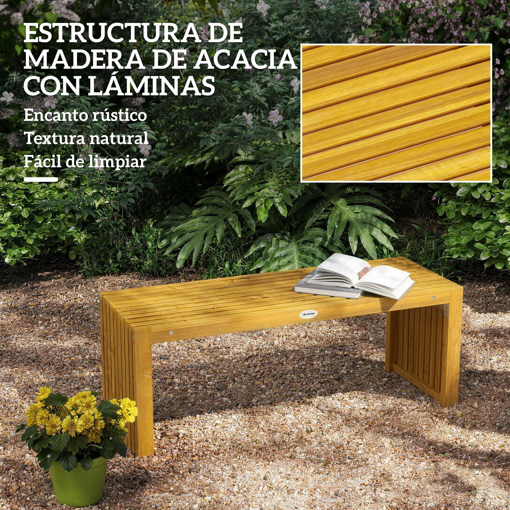 Outsunny Banco de Jardín de Madera, 110 cm, Banco Exterior Rústico de 2 Plazas con Asiento de Listones, Carga 240 kg, para Patio, Porche, Parque, Balcón, Natural