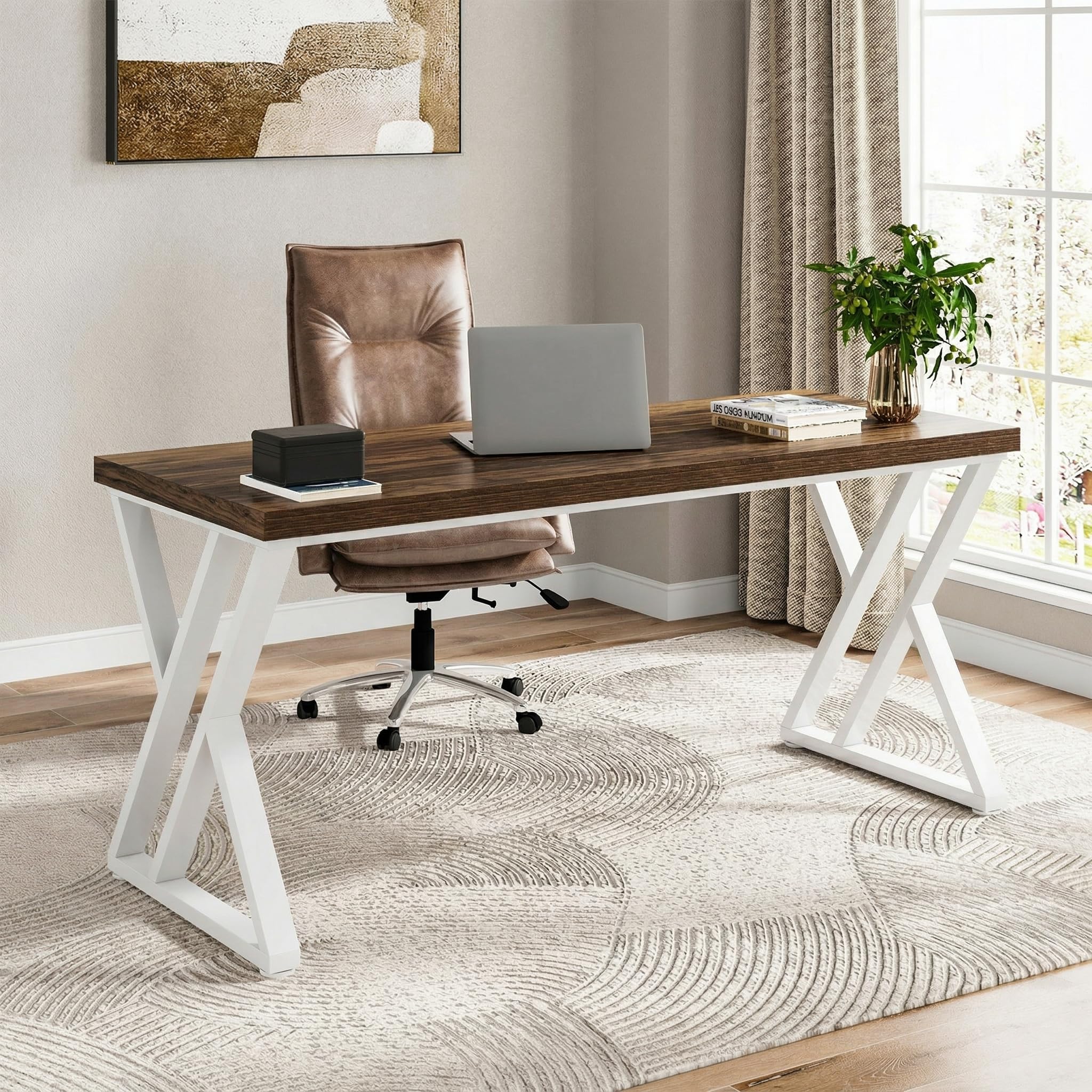 Tribesigns Modern Walnut/White 55" Heavy Duty Computer Desk, Study & Work Desk, 23.6"D x 55.1"W x 29.5"H, Z-Shaped Metal Legs, 330 lbs Capacity
