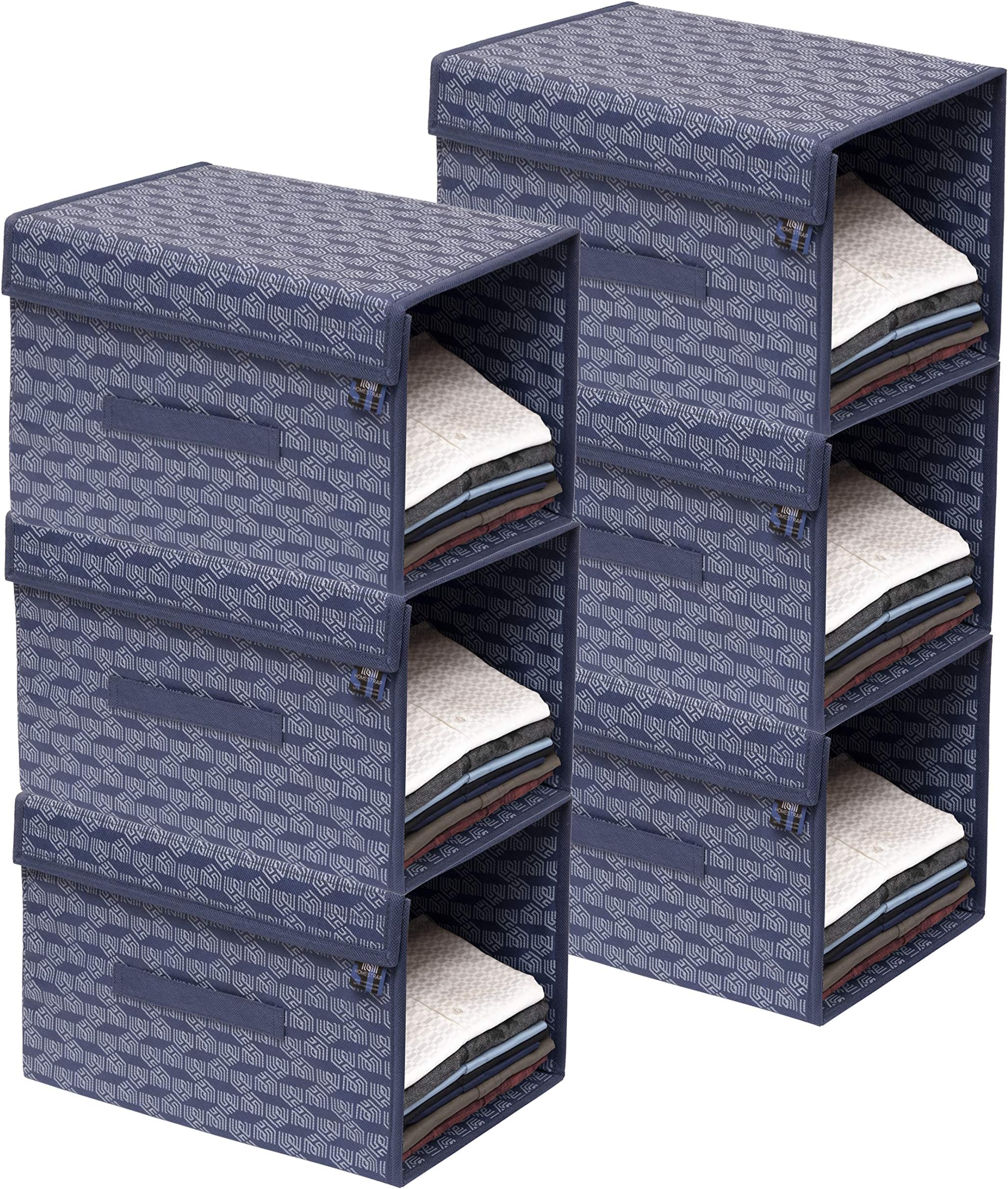 HomeStrap Printed Stackable Shirt Organizer With Cover Lid- Navy Blue Pack Of 6(Featured On Shark Tank,Non-Woven,Rectangular),24x40x24 Cm