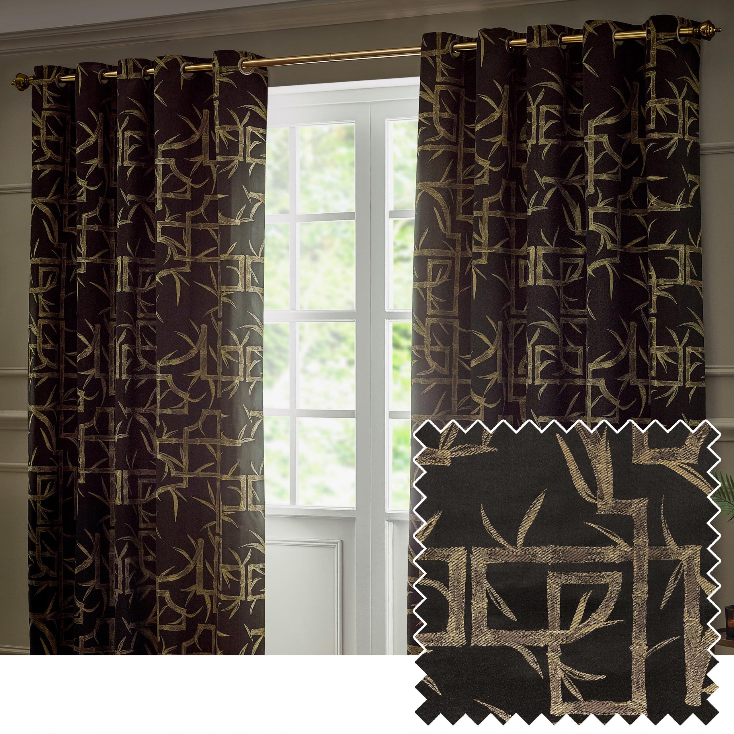 Paoletti Black Bamboo Fully Lined Jacquard Eyelet Curtain Pair In | : 168Cm Width X 183Cm Drop