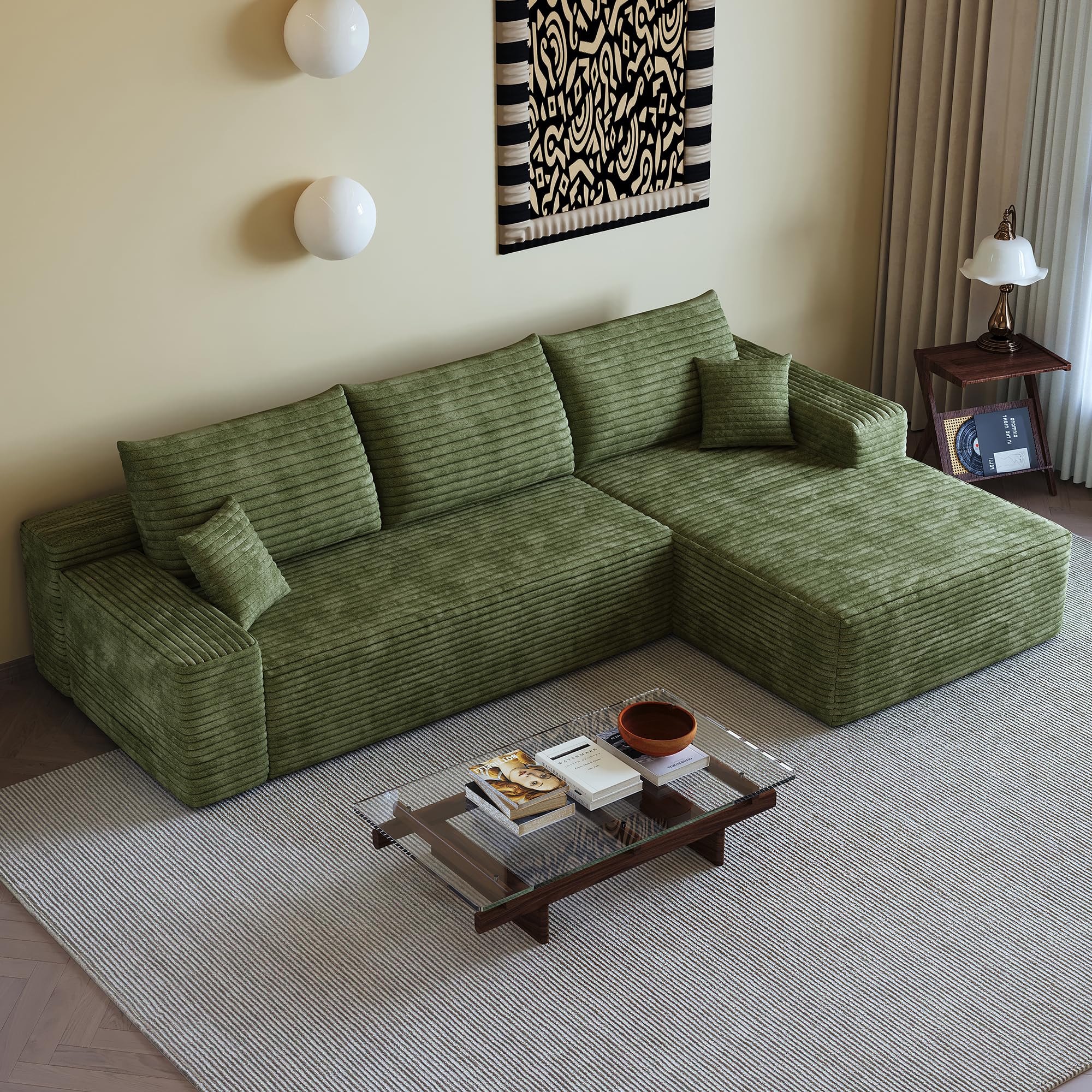 Canapé modulaire 270 cm, canape Dangle 3 Places pour Salon, Chambre, avec méridienne, Assise Profonde, Velours côtelé, livré compressé, canapé d'angle compressé （Méridienne à Droite）