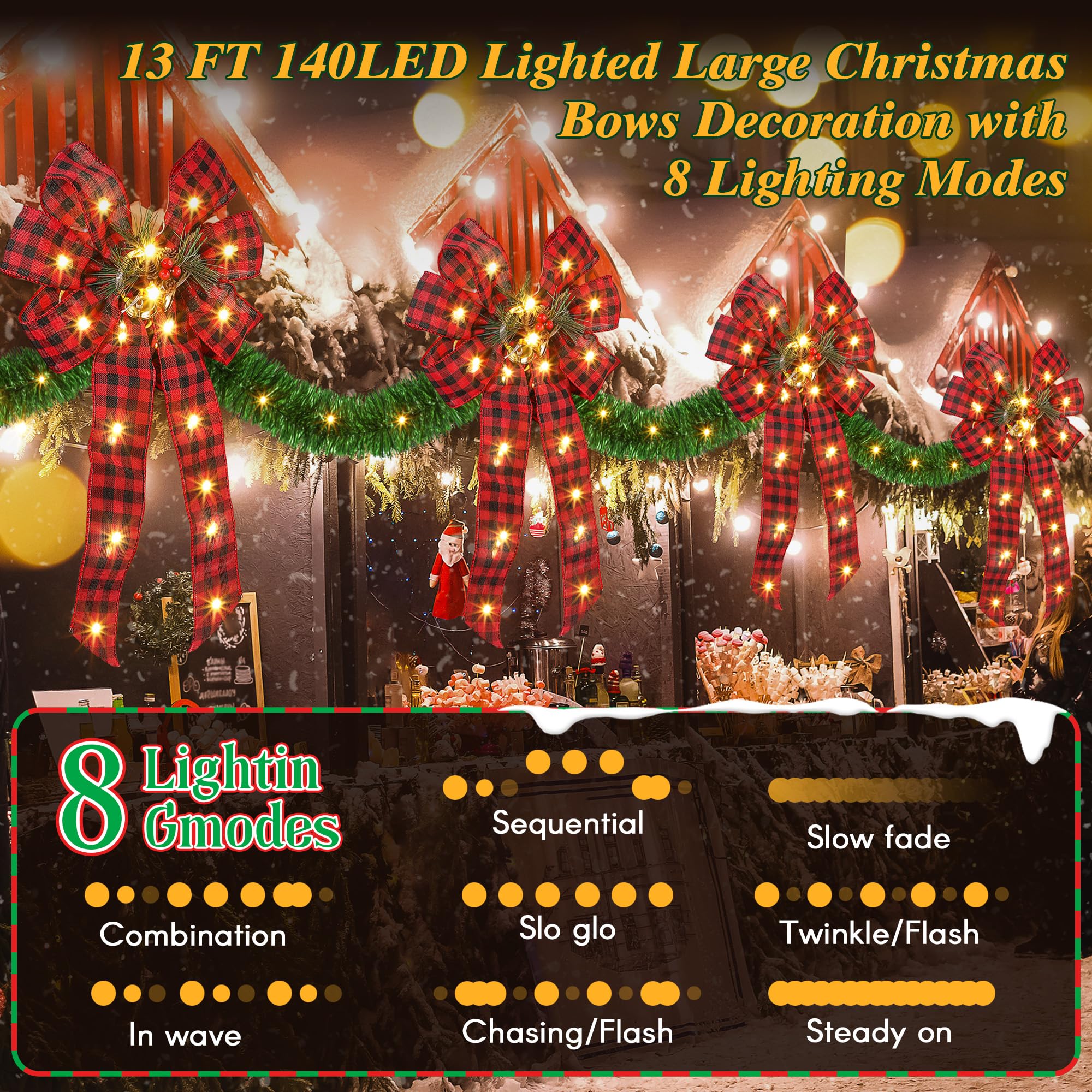 Fiocchi natalizi da 4,5 m, decorazione per recinzione, 140 LED, grandi fiocchi natalizi illuminati con 8 modalità e temporizzazione, ornamento per feste, porta d'ingresso, camino (rosso
